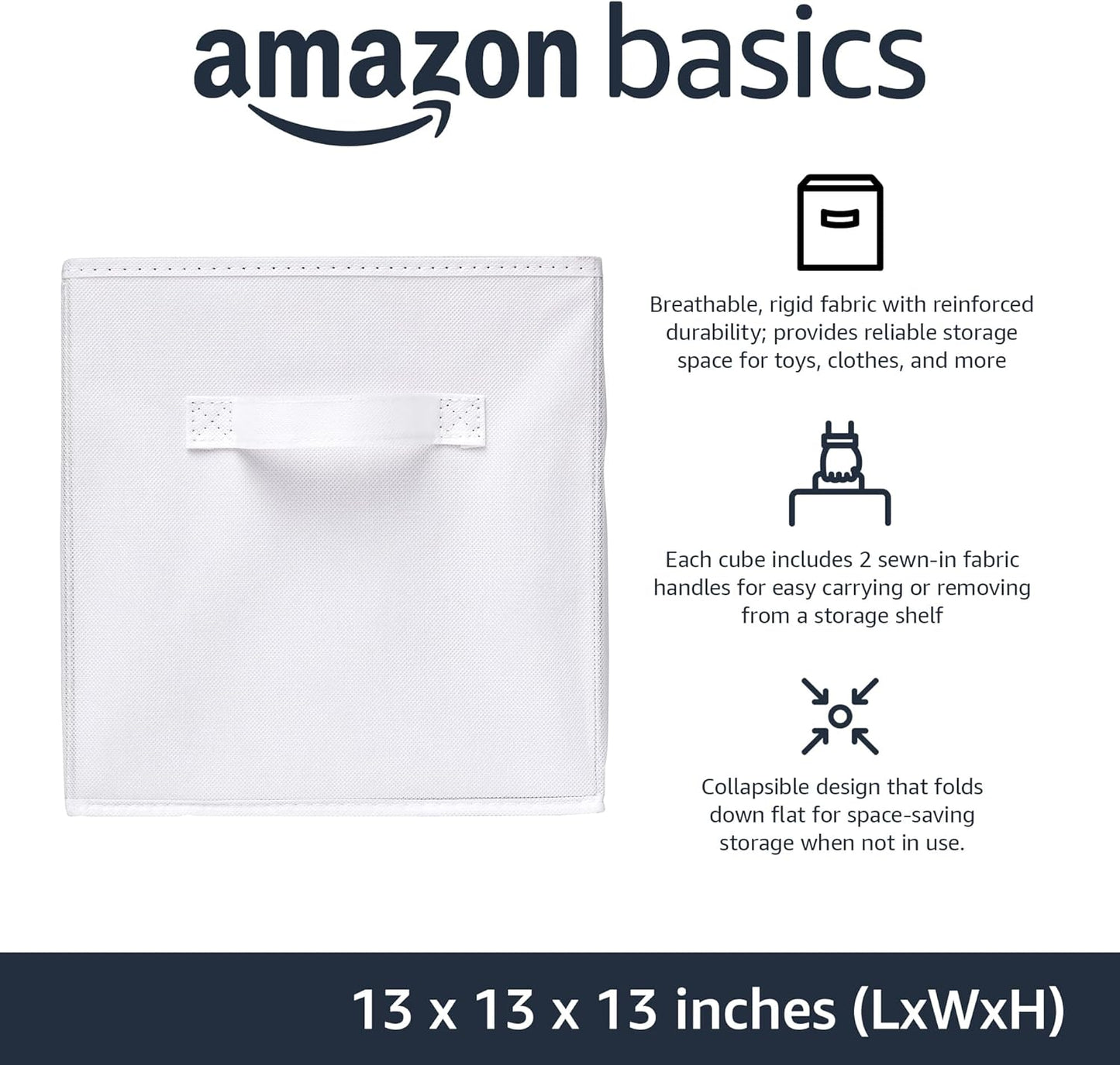 Amazon Basics Cube Organizer Storage Bins Handles, Collapsible Fabric, Pack of 6, 13"x13"x13", White
