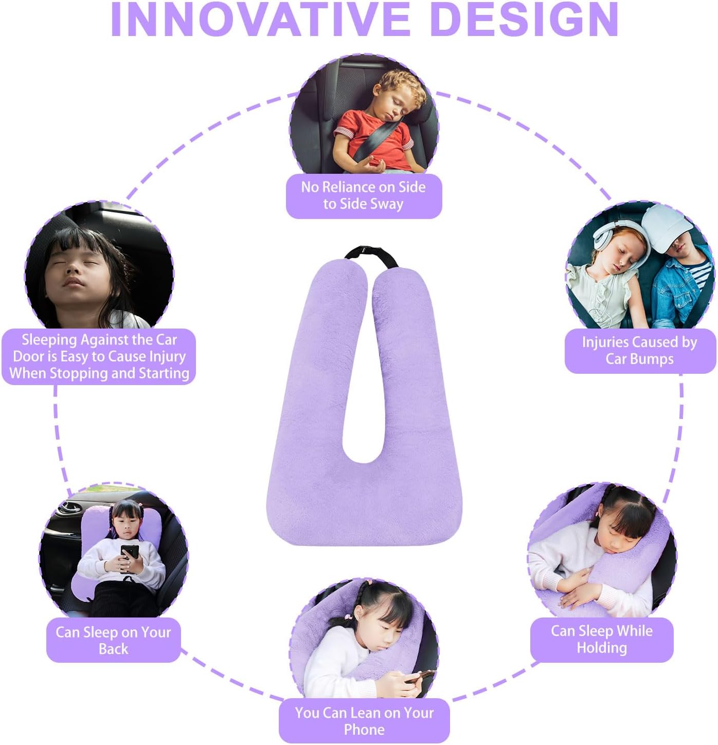 Travel Pillow, Travel Pillow for Kids, Sleeper Hold Pillow Travel, Removable U-Shaped Pillow for Adults and Children to Support Head and Body in The Back Seat of Long Car Trips (Lightpurple)