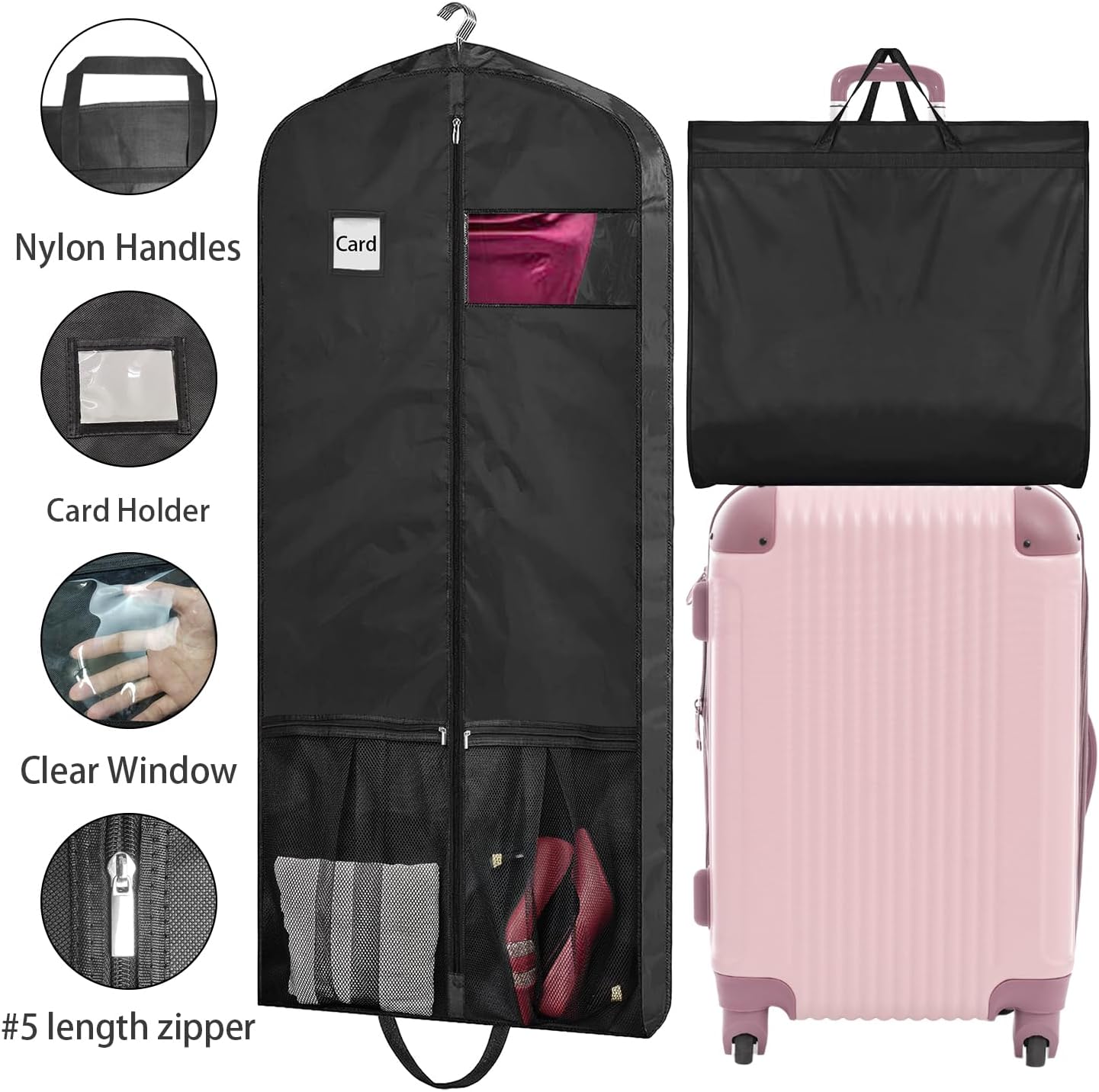 54" Garment Bags for Travel, 2 Pack Dress Bag for Hanging Clothes Storage with Pockets and Clear Window, 4" Dress Storage Bag for Long Coat, Jacket, Sweater, Shirts, Suits