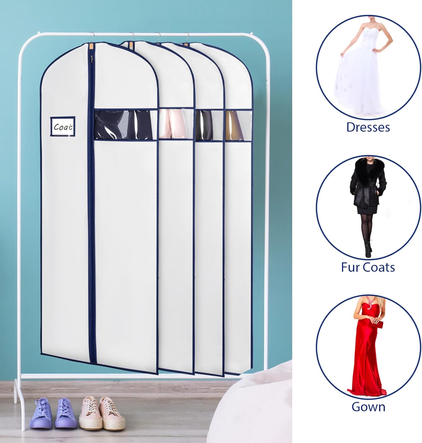 Syeeiex 60'' Garment Bags for Hanging Clothes, Set of 8 Dress Bags for Gowns, Dress Garment Bags for Gowns,Evening Dresses,Fur Coat,Long Dress(White & Dark Blue)
