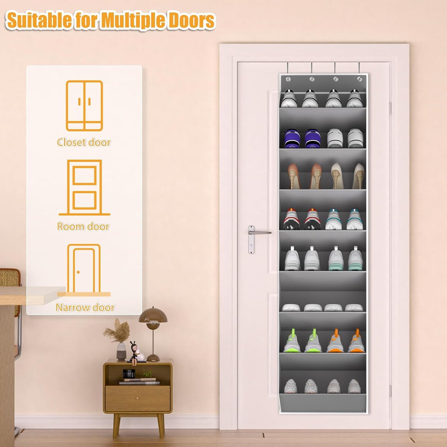 Over The Door Shoe Organizer Storage Fit 16-24 Pairs Hanging Shoe Rack Organiser for Closet Door, Deep Pocket Shoe Holder for Sneakers,Boots Storage(2 Pack Gray)