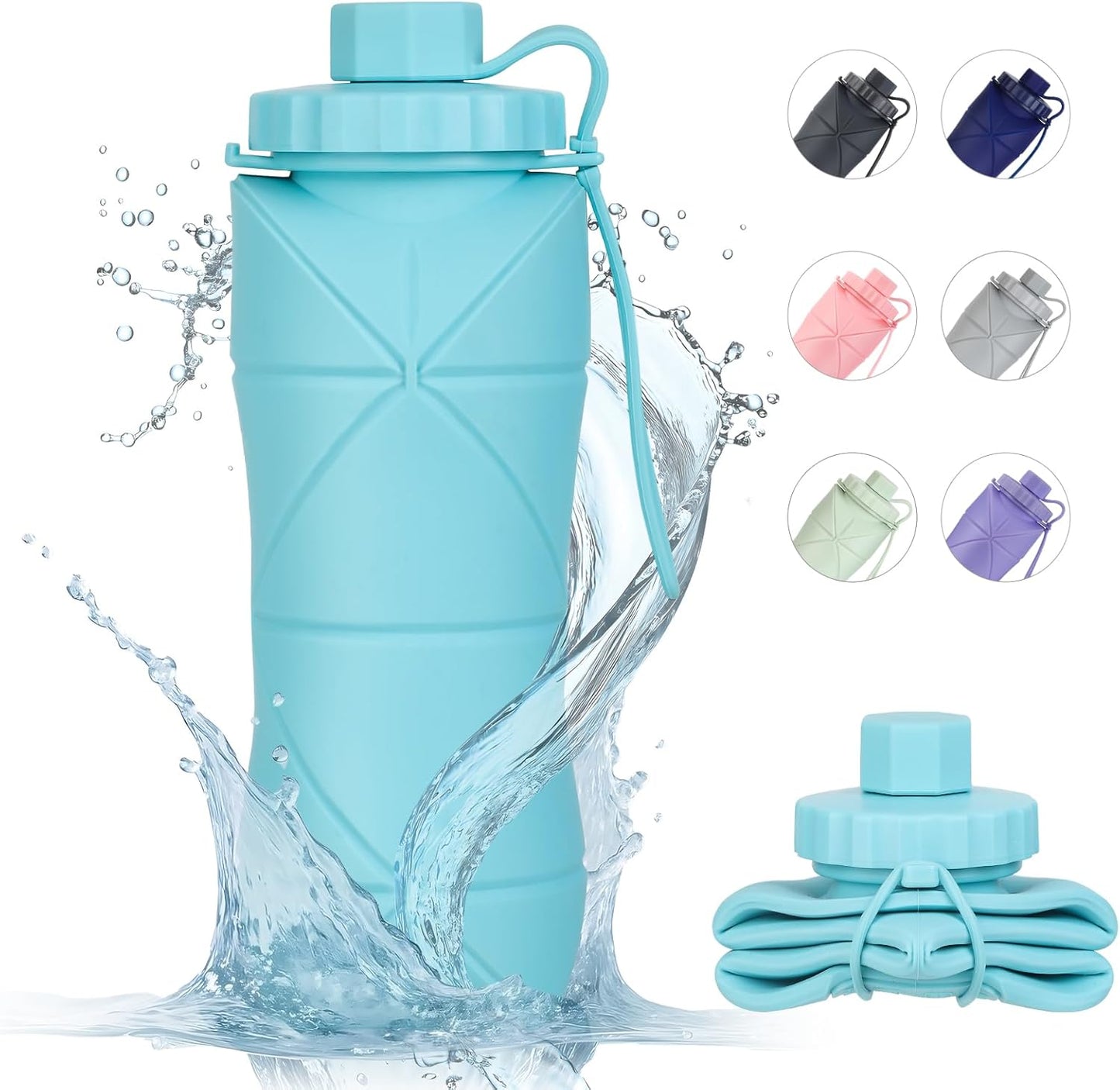 YCT Collapsible Silicone Travel Water Bottle 20oz (600ml), Reuseable Leakproof BPA Free Foldable Sports Bottle, with Carrying Strap, Blue