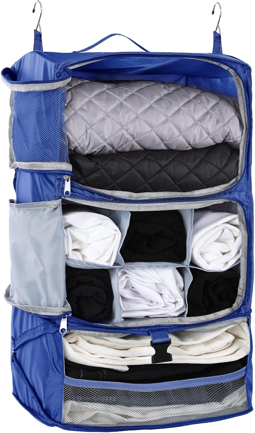 TABITORA Travel Portable Hanging Shelves Closet Organizer Packing Luggage Organizer and Storage with Multifunctional and Foldable Invisible Compartment,Lightweight,for Suitcase, RV,Closet…Blue,XL