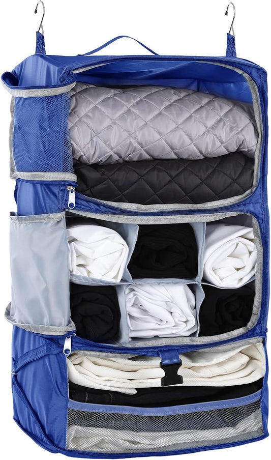 TABITORA Travel Portable Hanging Shelves Closet Organizer Packing Luggage Organizer and Storage with Multifunctional and Foldable Invisible Compartment,Lightweight,for Suitcase, RV,Closet…Blue,XL