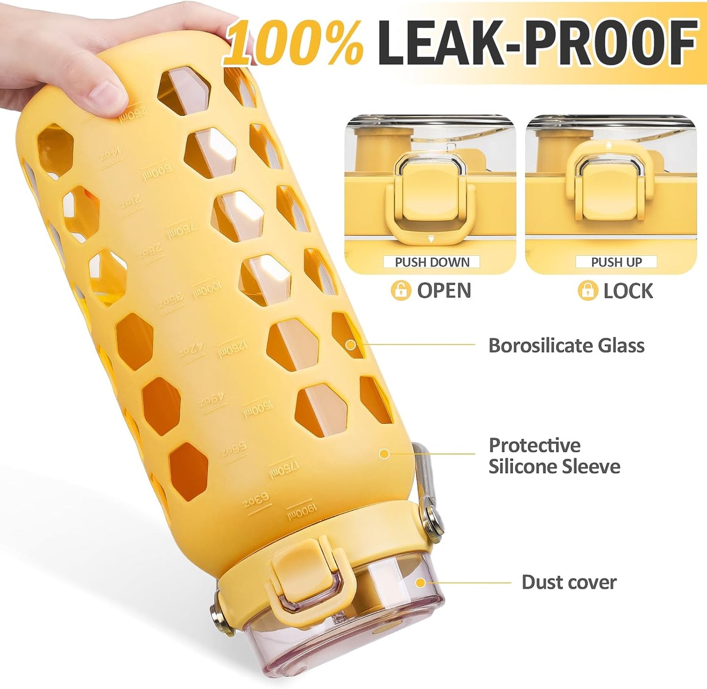 MUKOKO 64oz Glass Water Bottles with Straw and Lid,Half Gallon Water Bottle with Time Marker,Large Glass Water Jug with Silicone Sleeve and Stainless Steel Handle-Yellow