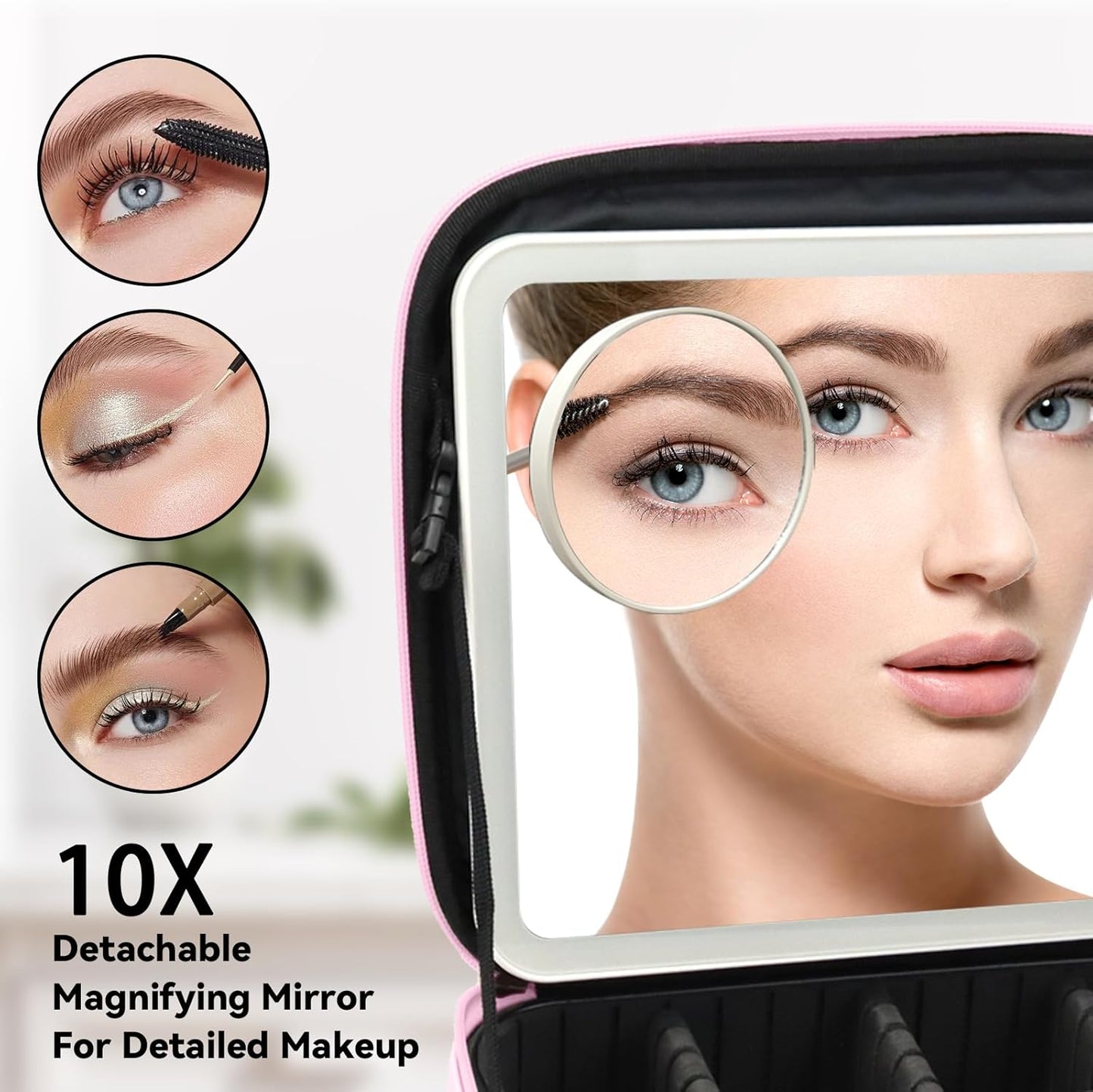 Travel Makeup Bag with LED Mirror and 10x magnifying glass with 3 Lighted Settings, Adjustable Dividers and Makeup Brush Storage Bag Light Pink