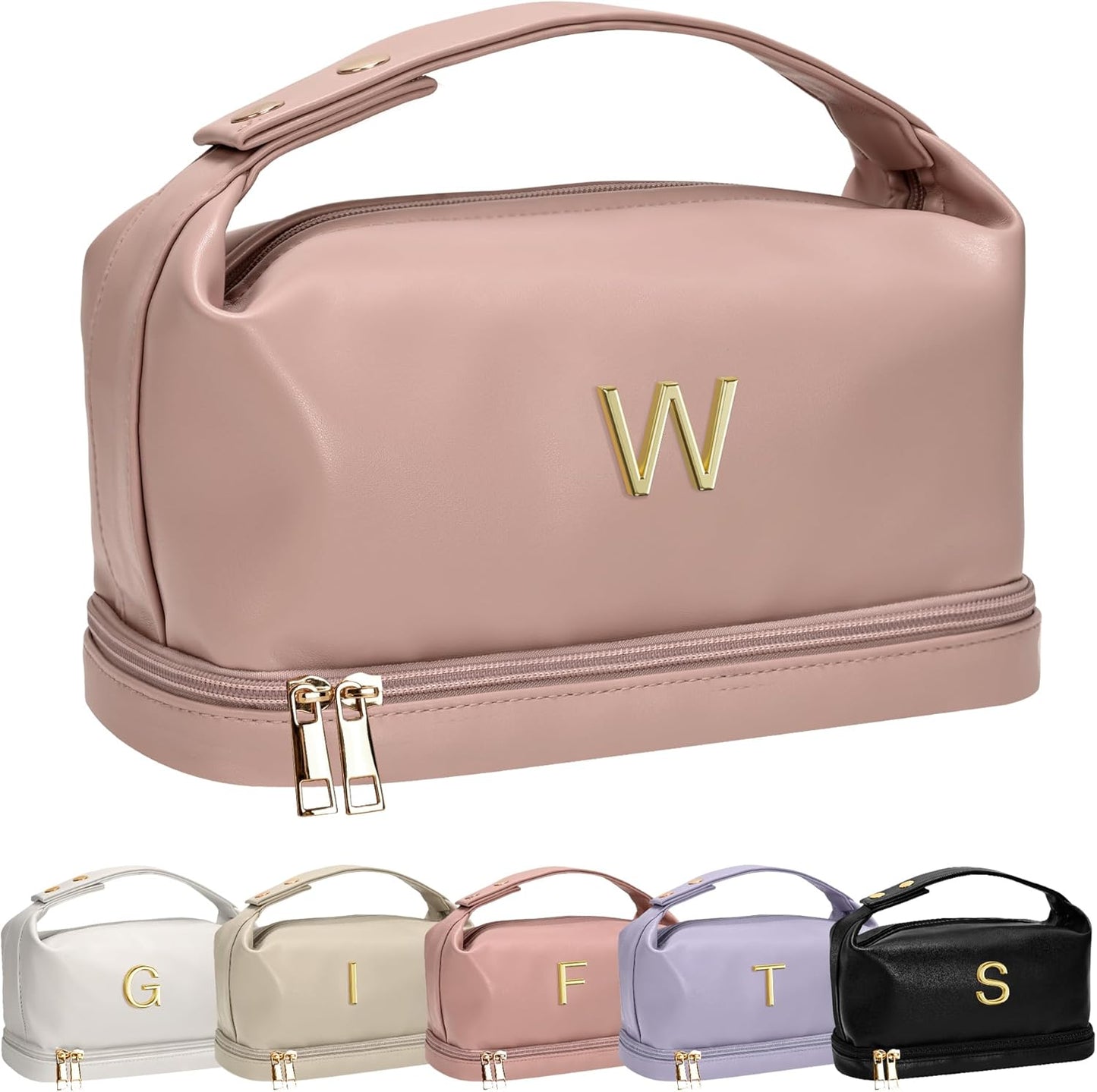 Makeup Bags Personalized Bags with Handle, Waterproof Double Layer Cosmetic Bag, Large Capacity PU Leather Makeup Bags Letter Travel Toiletry Bag with Makeup Brush Organizer