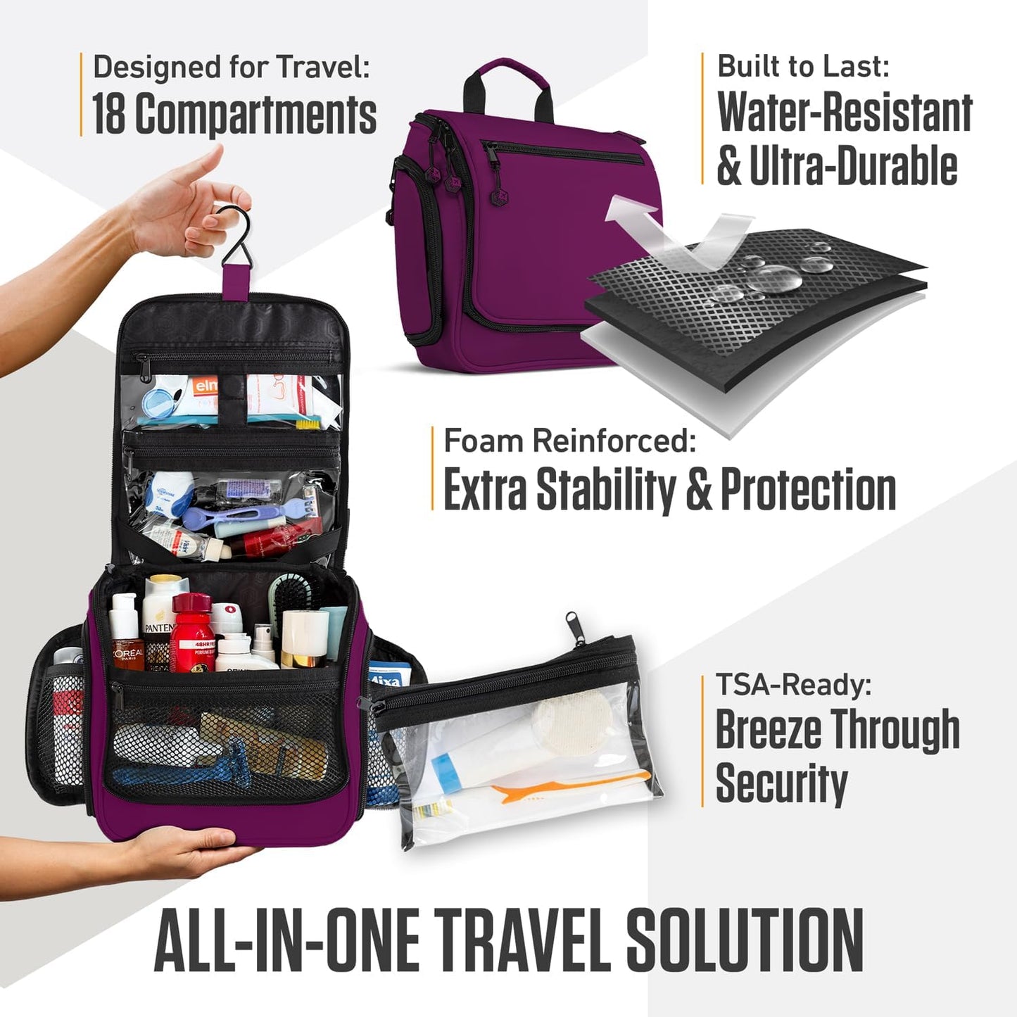 VENTURE 4TH Hanging Travel Toiletry Bag for Women & Men - Travel Organizer with Expandable Compartments & Removable Clear Pouch for Toiletries (Purple)