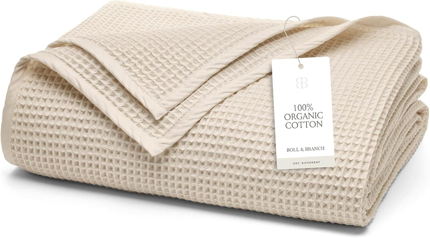 BOLL & BRANCH Waffle Bed Blanket - Twin, Natural - Luxury 100% Organic Cotton - Soft, Lightweight and Breathable - Textured Waffle Weave Design