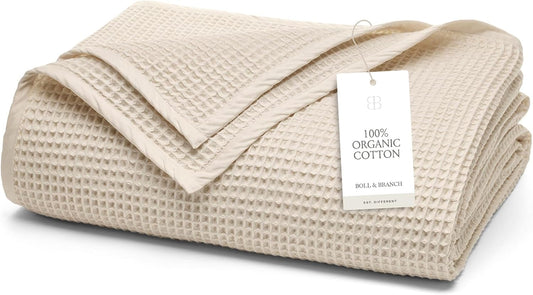 BOLL & BRANCH Waffle Bed Blanket - Full/Queen, Natural - Luxury 100% Organic Cotton - Soft, Lightweight and Breathable - Textured Waffle Weave Design