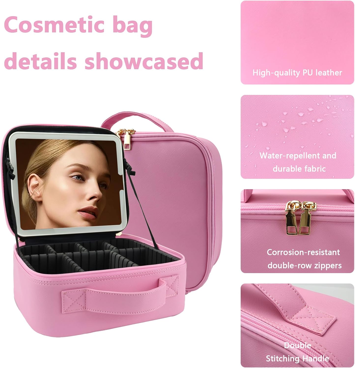 Travel Makeup Bag for Women and Makeup Artists Cosmetic Organizer Large Makeup Case,Travel Makeup Bag with Mirror 3 Color Setting,Portable Storage and Adjustable Dividers(Dark Pink)