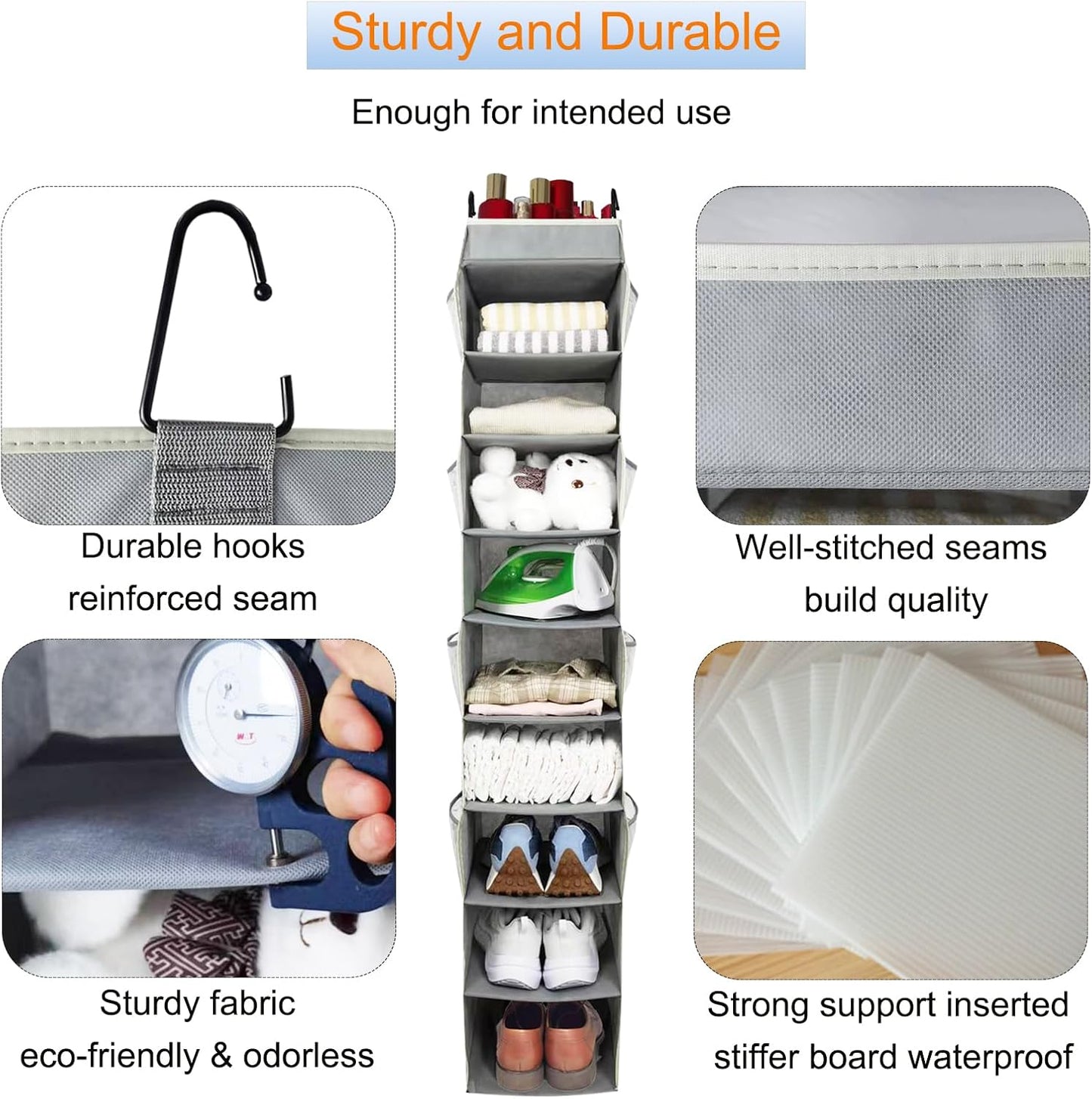 Large-Sized Hanging Shoe Organizer 10-Shelf, Sturdy Hanging Closet Organizer with 8 Side Pockets, Wider Hanging Shelves for Storage Shoes Clothes Jeans Shirts Toys, Grey