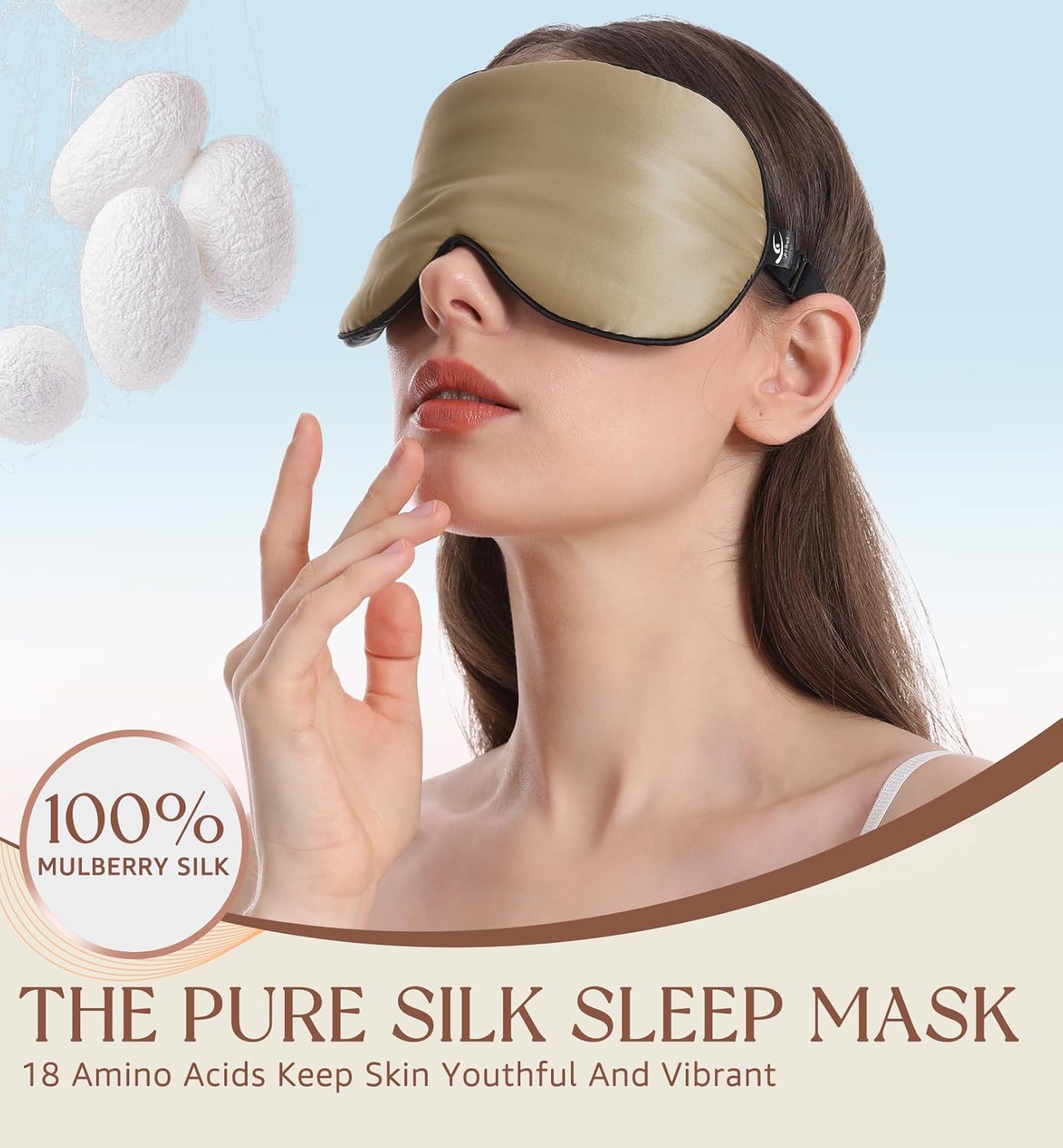 HiRui Silk Sleep Mask, 100% Natural Mulberry Silk of Double-Sided & Inner-Filling, Ultra-Smooth Soft, Adjustable Strap, Blocks Light for Night Sleeping, Travel, Office Naps (Khaki)
