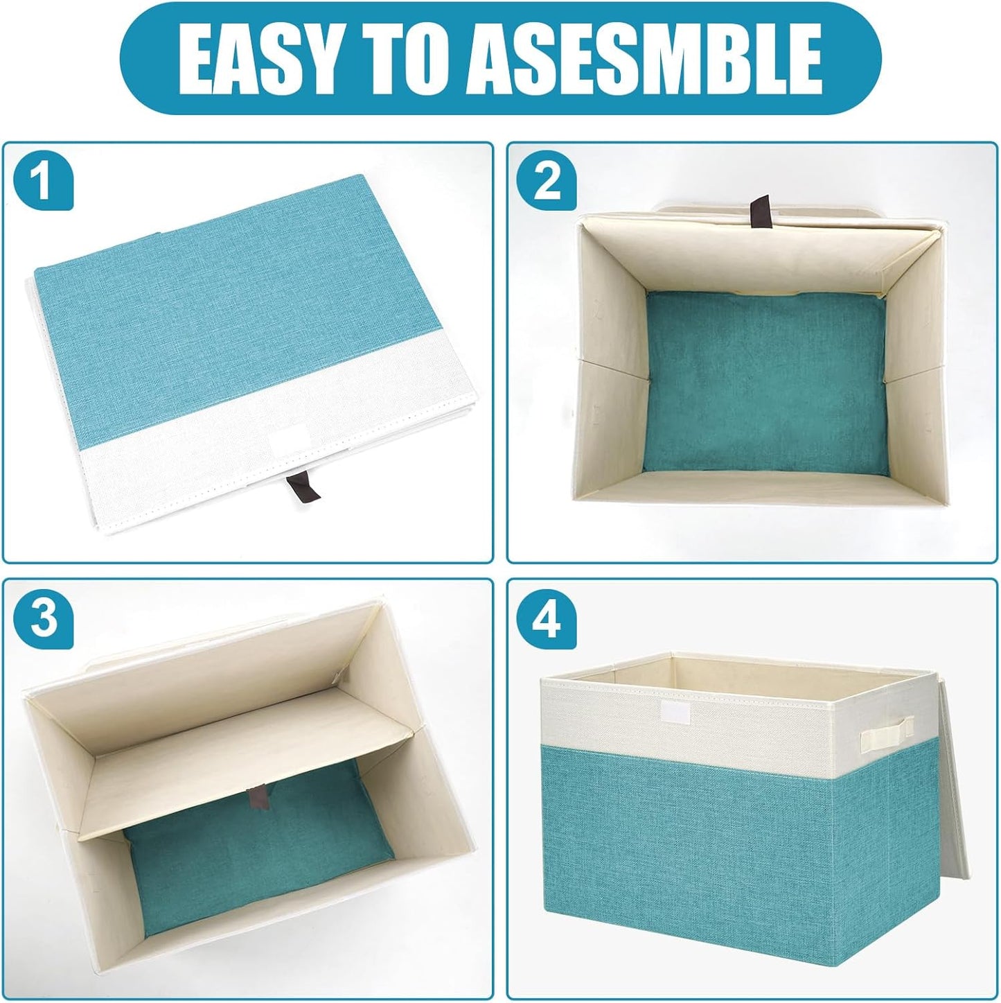 Large 17" 42 Quarts Collapsible Stackable Storage Bins with Lids [3-Pack] Foldable Fabric Linen Storage Boxes Cube, Closet Organizer Baskets with Label for Home (16.7 x 12 x 12", Teal & White)