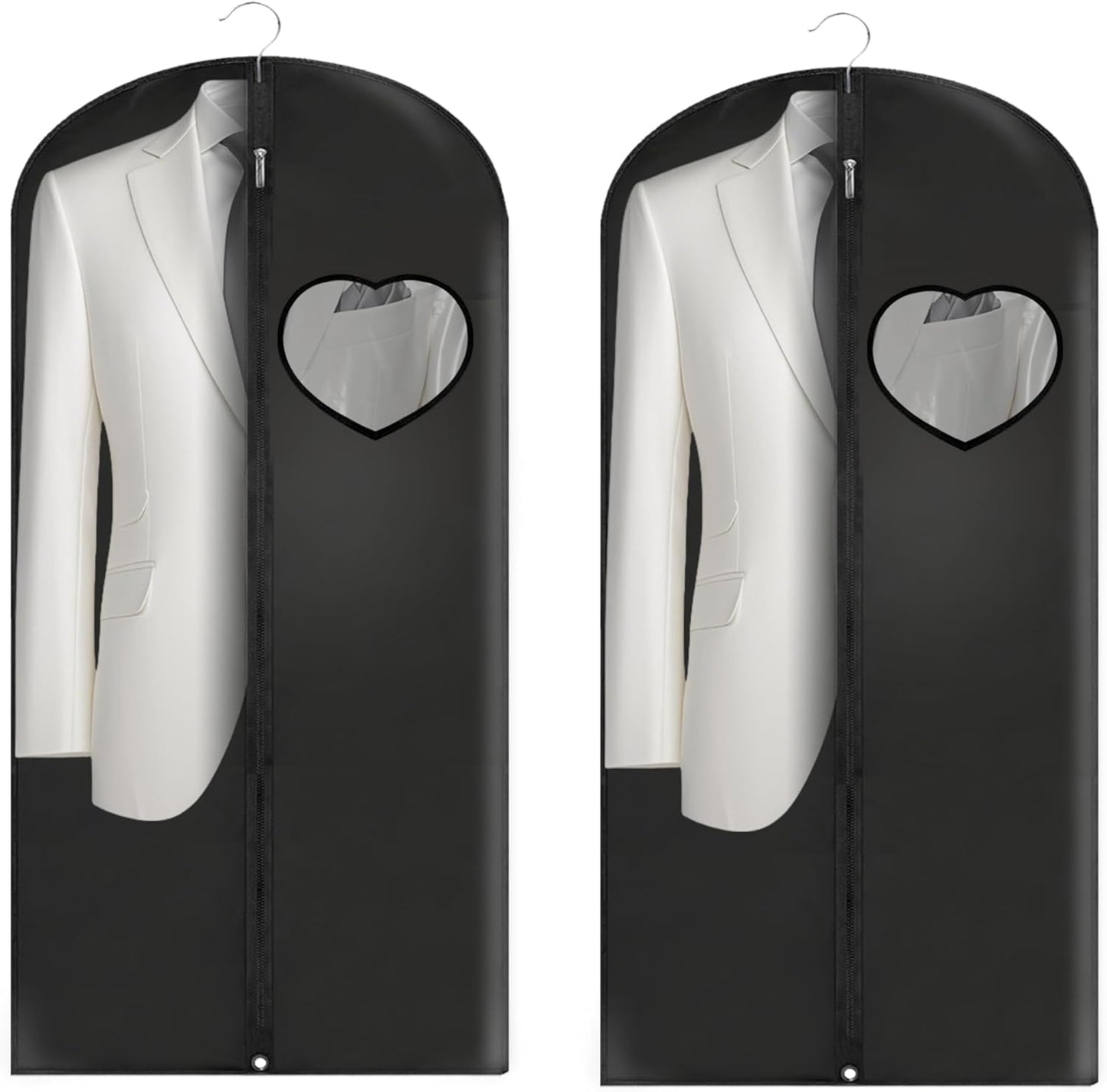Dress Bags for Gowns Long, 45'' Garment Bags for Hanging Clothes, Suit Bag Cover for Storage and Travel, with Clear Heart Window, 2 Pack (Black)