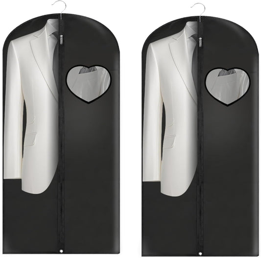 Dress Bags for Gowns Long, 45'' Garment Bags for Hanging Clothes, Suit Bag Cover for Storage and Travel, with Clear Heart Window, 2 Pack (Black)