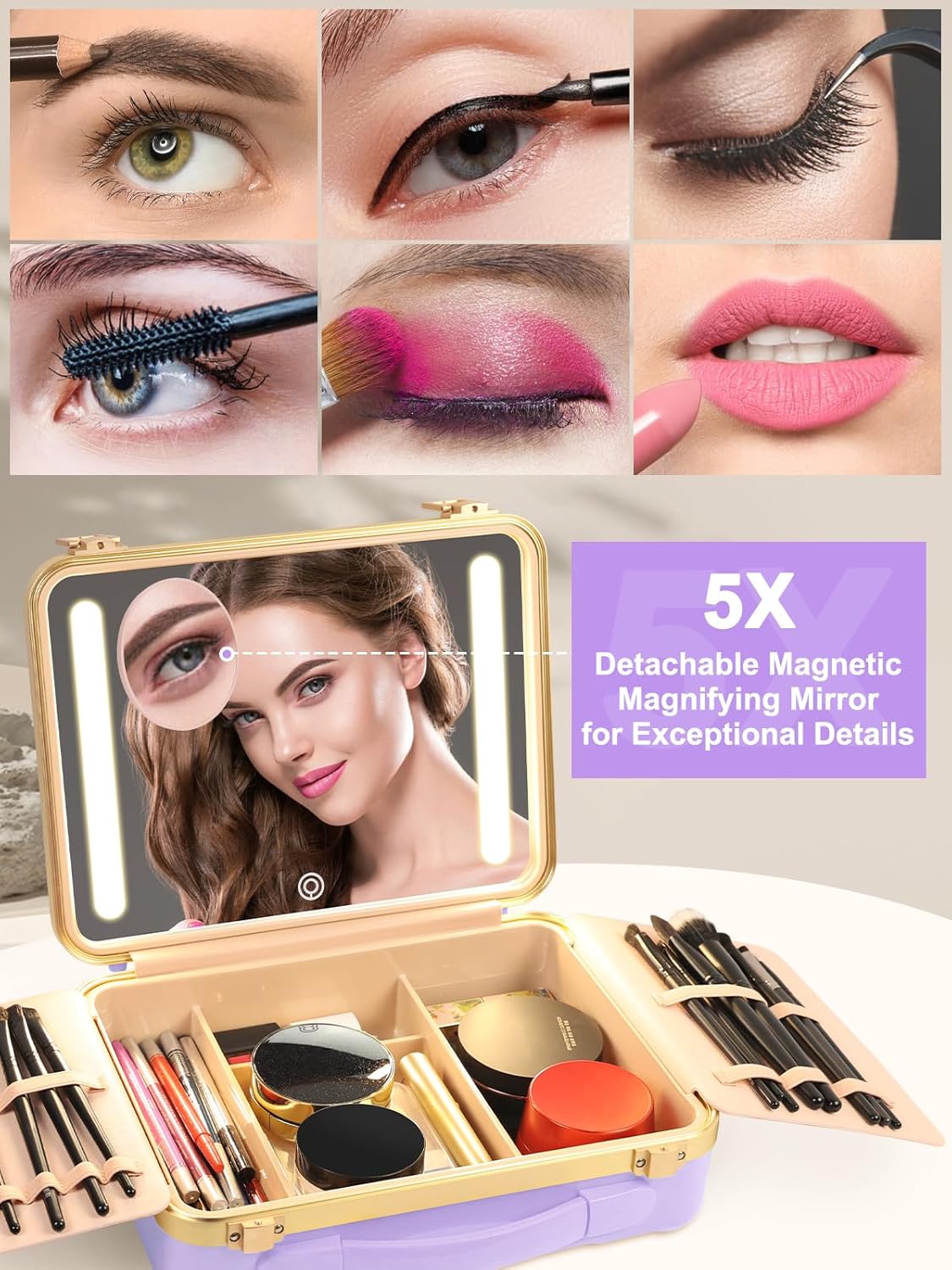 Kalolary Travel Makeup Train Cases with Lighted Mirror 3 Color Setting, Makeup Bag Cosmetic Case Organizer Adjustable Brightness Portable Makeup Storage Box with Detachable 5X Magnifying Mirror Purple