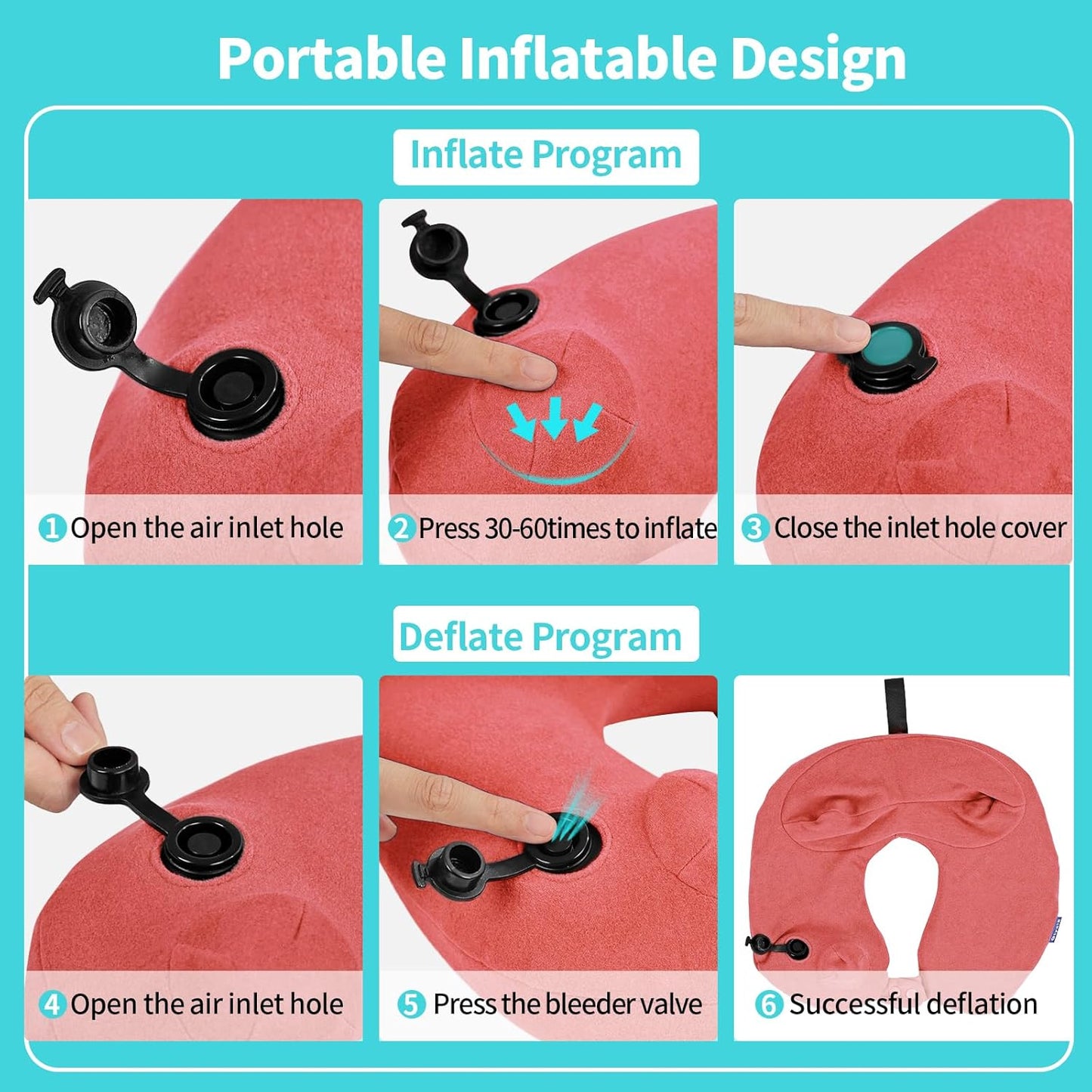 2 Pack Inflatable Travel Neck Pillows for Airplanes, Head Support Velvet Adult Neck Pillows for Long Flight, Kit with Eye Mask, Earplugs and Storage Bag, 2, Rose Pink