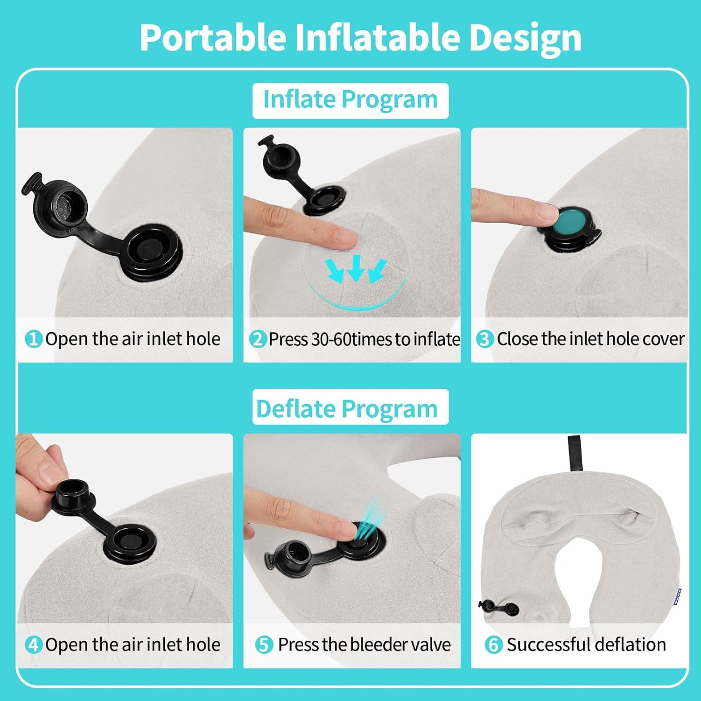 Inflatable Travel Neck Pillow for Airplane, Head Support Velvet Adult Neck Pillow for Long Flight, Kit with Eye Mask, Earplugs and Storage Bag,1, Light Gray