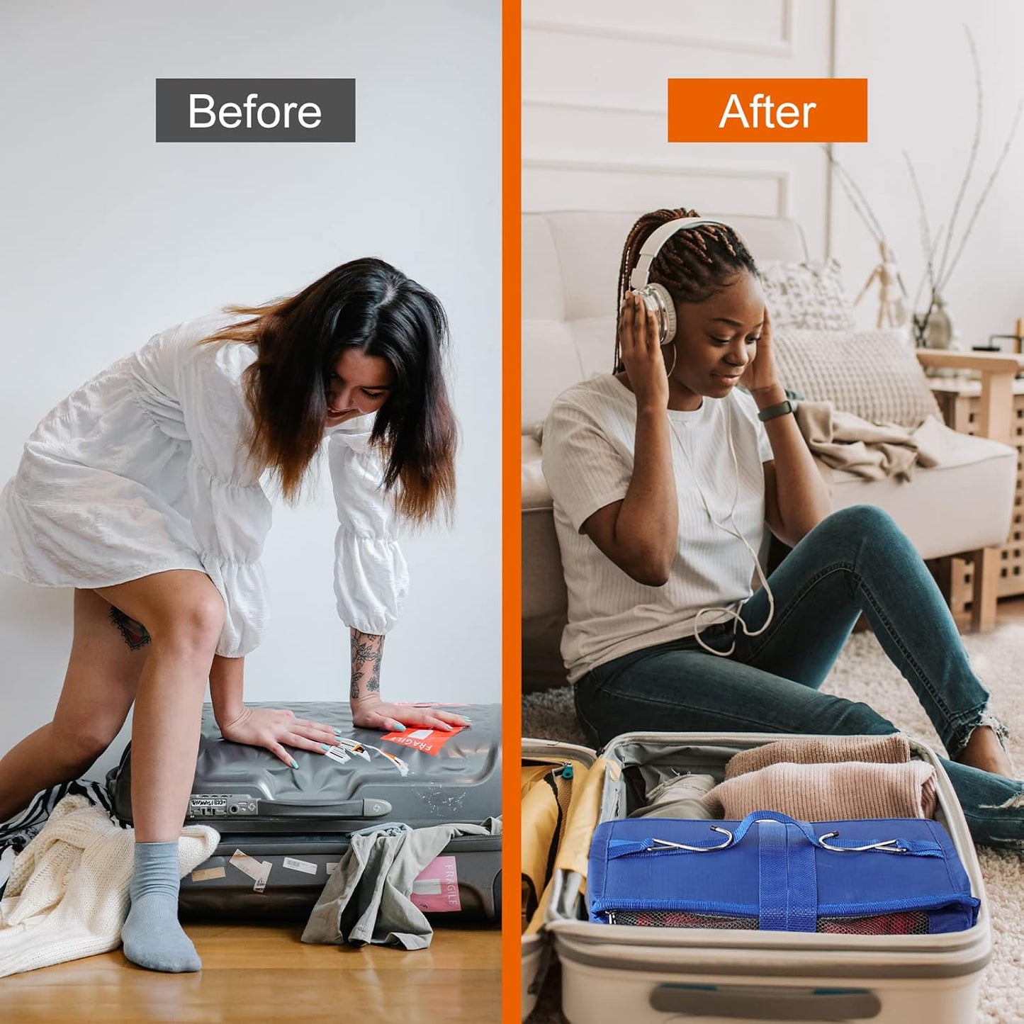 TABITORA Travel Portable Hanging Shelves Closet Organizer Packing Luggage Organizer and Storage with Multifunctional and Foldable Invisible Compartment,Lightweight,for Suitcase, RV,Closet…Blue,XL