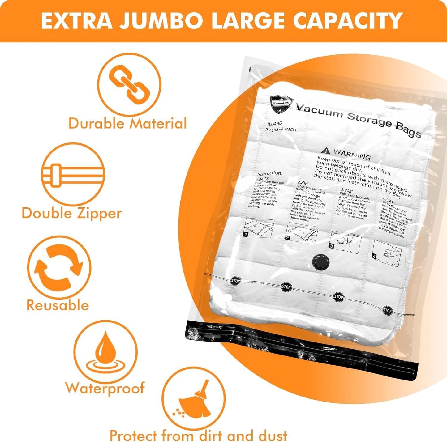 10 Jumbo Vacuum Storage Bags with Electric Pump,Plastic Packaging Bags, Space Saver Bag for Clothes, Mattress, Blanket, Duvets, Pillows, Comforters, Travel