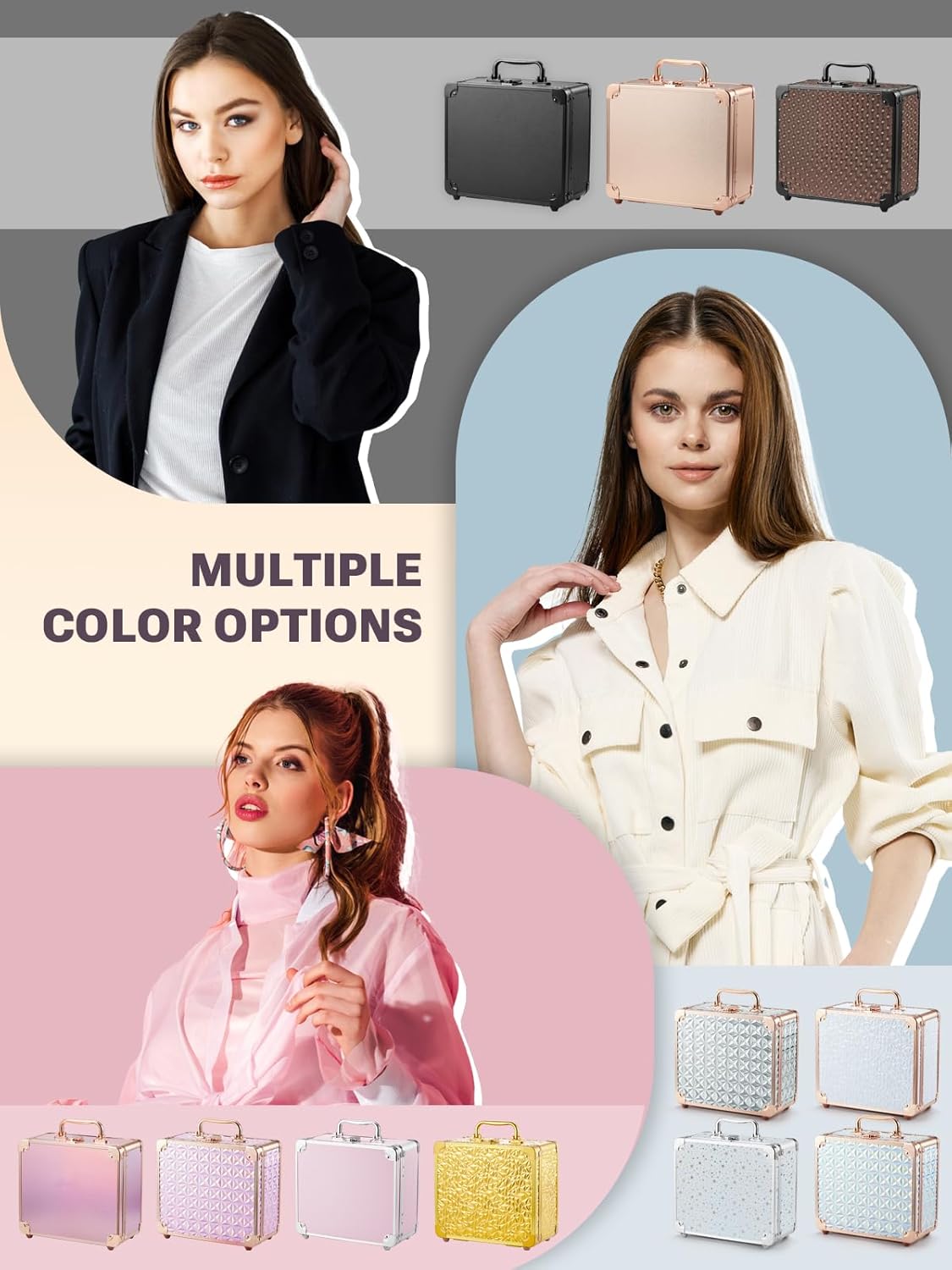 Qislee Makeup Box with A Detachable Lighted Mirror, Waterproof Travel Train Case, Cosmetic Organizer and Makeup Suitcase with Adjustable Dividers, Magnetic LED Mirror(Icy Pink)