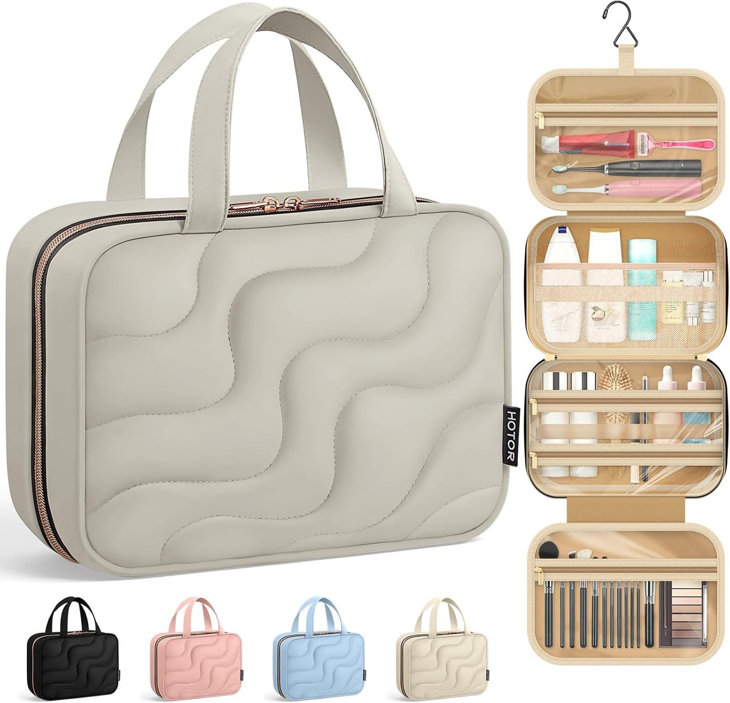 HOTOR Hanging Toiletry Bag - Spacious Travel Toiletry Bag for Women & Men, Multi-Pocket Makeup Organizer, Travel & Cruise Essentials for Business Trip, Gym, Grayish Brown, 11.0" x 8.7" x 3.9"