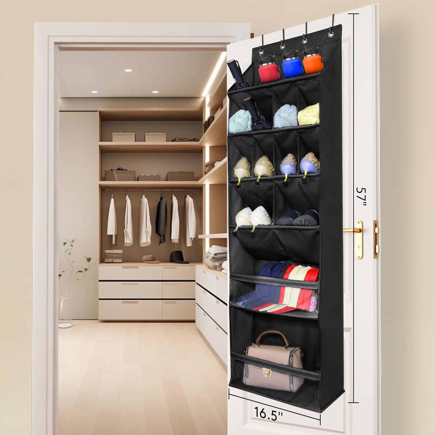 Over The Door Shoe Organizer with Large Deep Pockets Door Shoe Rack for Narrow Door Hanging Multifunction Shoe Holder for Dorm Closet Door, Black 16 Pockets