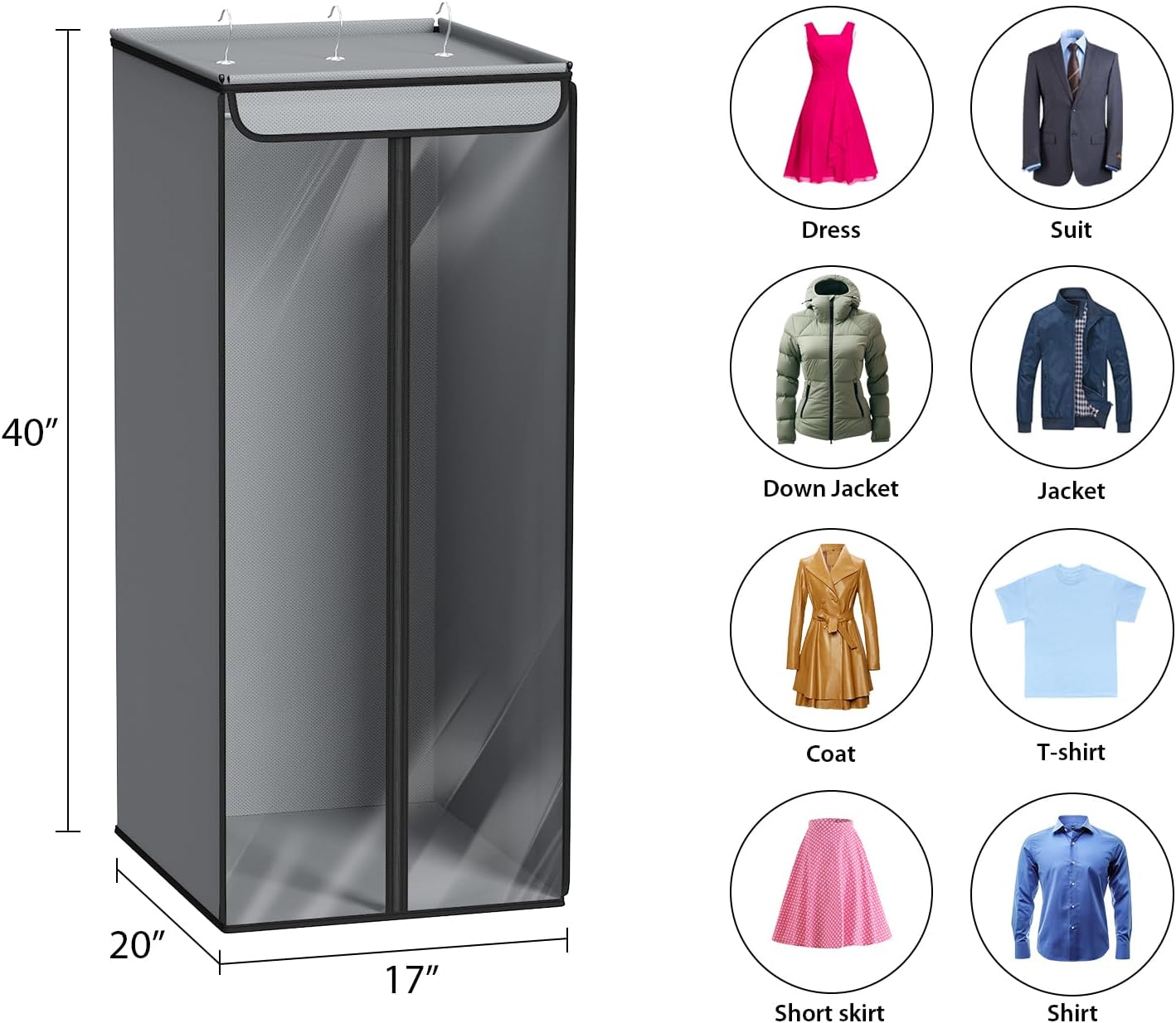 Univivi Garment Bags for Hanging Clothes, Large Clothes Storage Bags Closet Organizer with Clear Window, Premium Hanging Garment Storage Bag for Suits, Coats, Jackets, 40", 2-Pack (Grey)