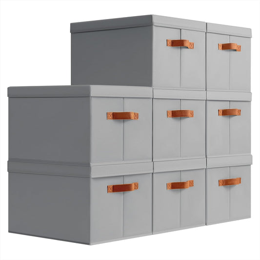 Storage Bins with Lids - Large Fabric Closet Bins with Lid, 8 Pack Clothes Organizers and Storage, Collapsible Stackable Cube Basket for Home, Office, Dorm, Grey