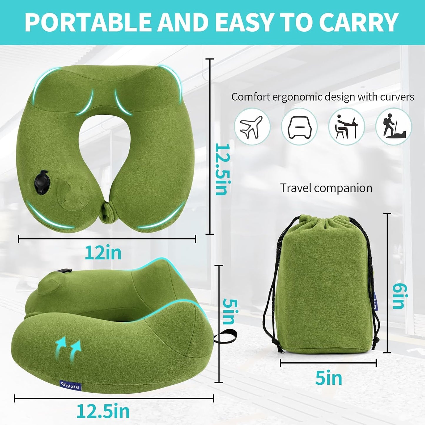 2 Pack Inflatable Travel Neck Pillows for Airplanes, Head Support Velvet Adult Neck Pillows for Long Flight, Kit with Eye Mask, Earplugs and Storage Bag, 2, Green