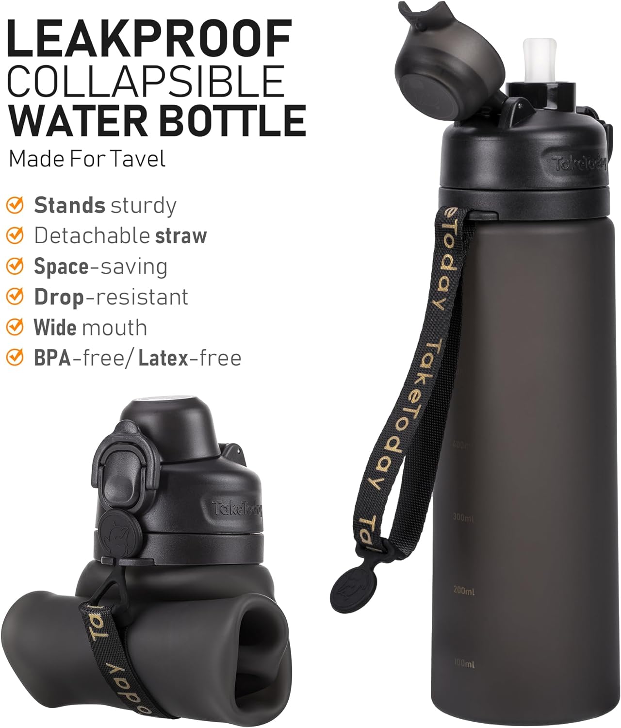 TakeToday Collapsible Water Bottles 20oz, Leak Proof, BPA-Free, Foldable Silicone Travel Water Bottle with Straw Strap for Cycling, Hiking, Outdoors