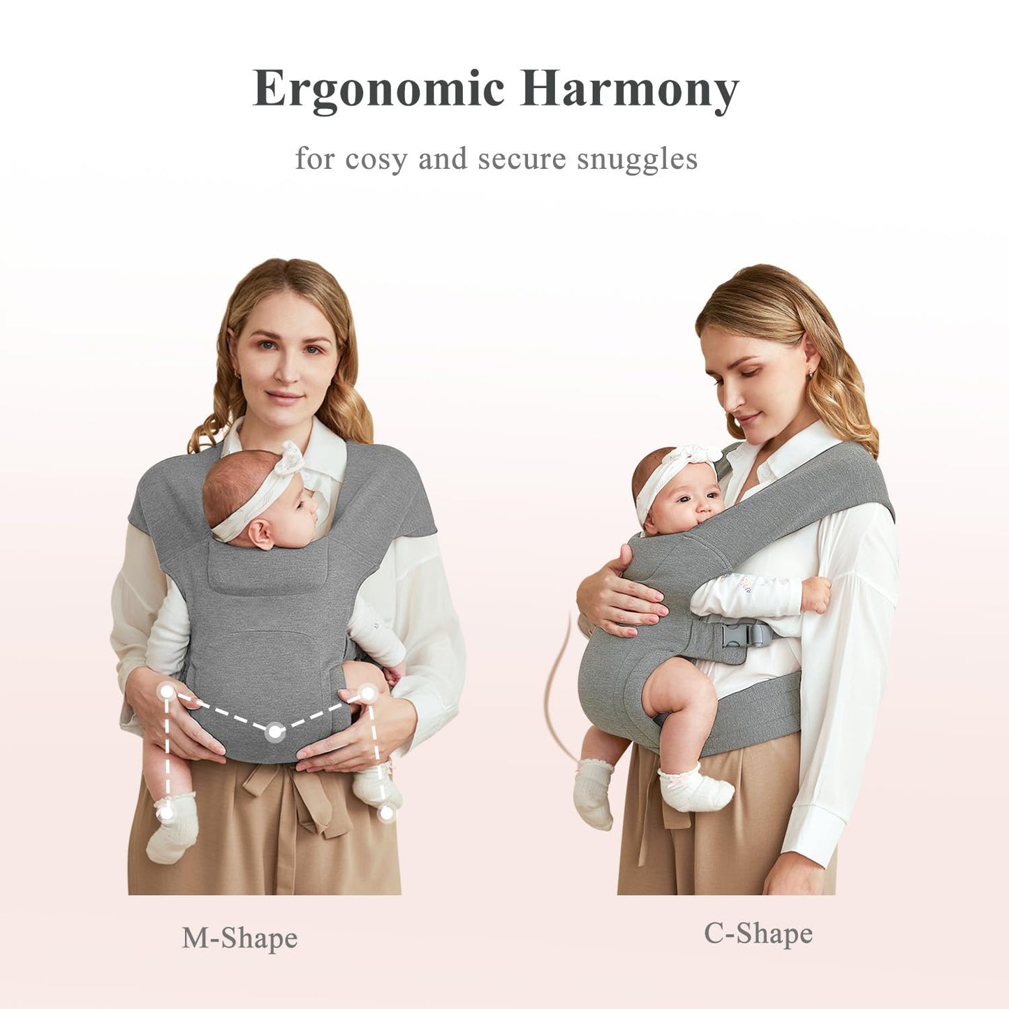 Newborn Carrier, Cozy Baby Carrier, Ergonomic Cross-Back Wrap, Hands-Free with Supportive Comfort, Light Grey