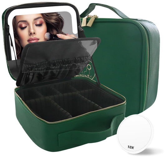 MOMIRA Travel Makeup Bag Cosmetic Bag Makeup Organizer Bag with Lighted Mirror, Adjustable Brightness in 3 Color Scenarios, Waterproof Makeup Train Case, Gift for Women - Emerald green
