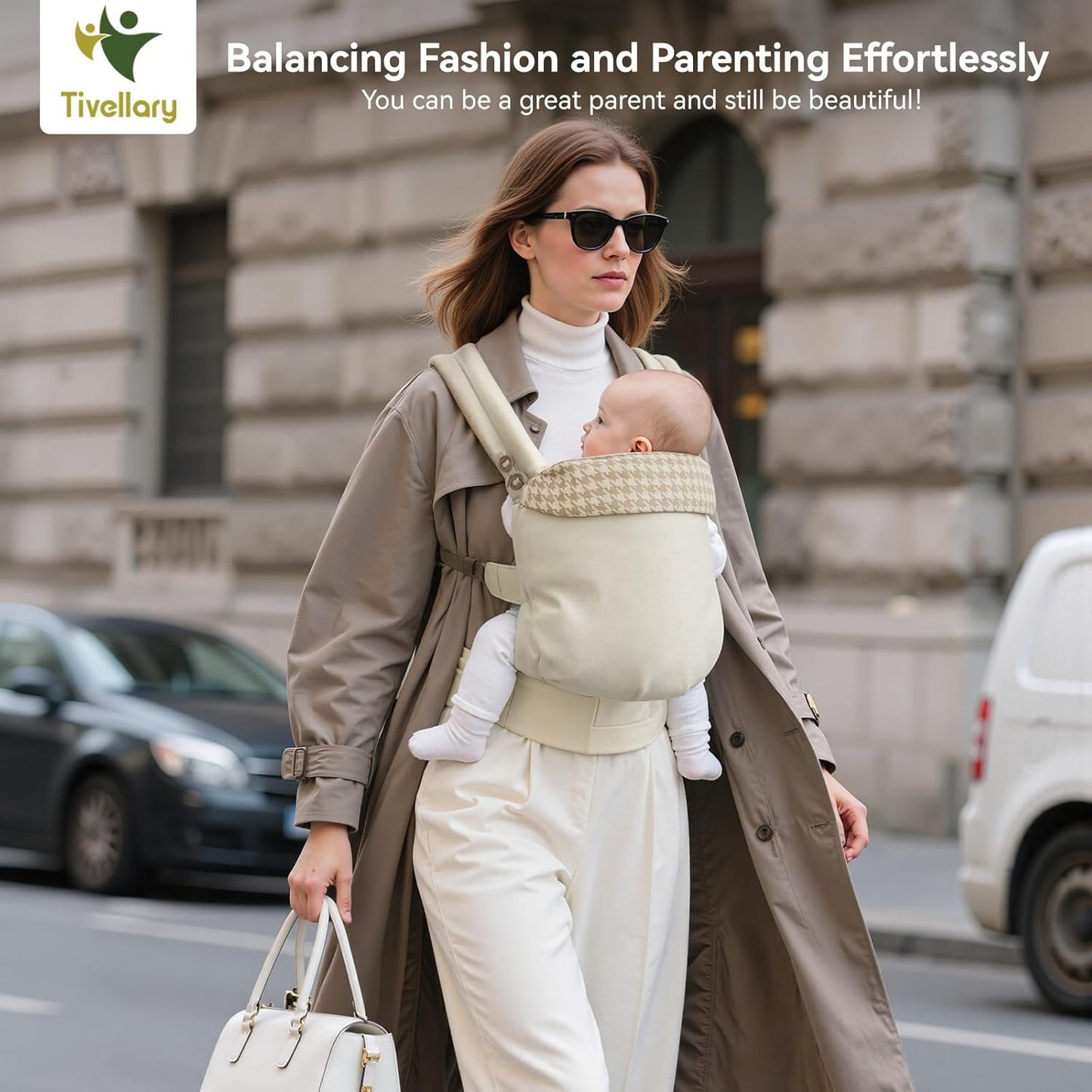 Reversible Baby Carrier, Khaki Solid & Houndstooth; Lightweight & Breathable Lyocell Fabric; Ergonomic Lumbar Support and Quick Hands-Free Wear for Newborn to Toddler (7–44 lbs)