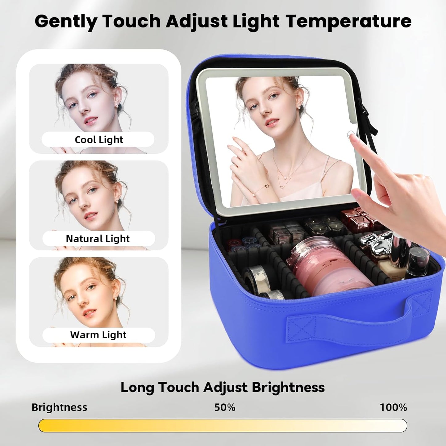 Travel Makeup Bag with LED Mirror and Light Makeup Travel Bag Organizer Portable Cosmetic Brush Organizer Bag with Adjustable Dividers for Cosmetics Makeup Brushes Toiletry (Dark Blue)