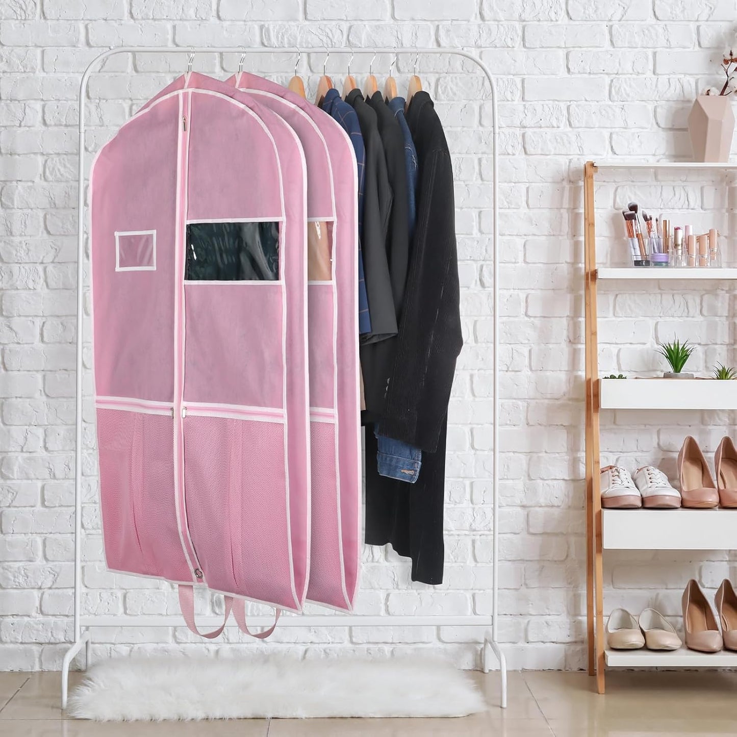 Zilink 43" Garment Bags for Travel for Women Carry on Suit Bags for Travel and Storage Gusseted Hanging Garment Bags with Handles for Coats, Jackets, Shirts,Dresses, Pink