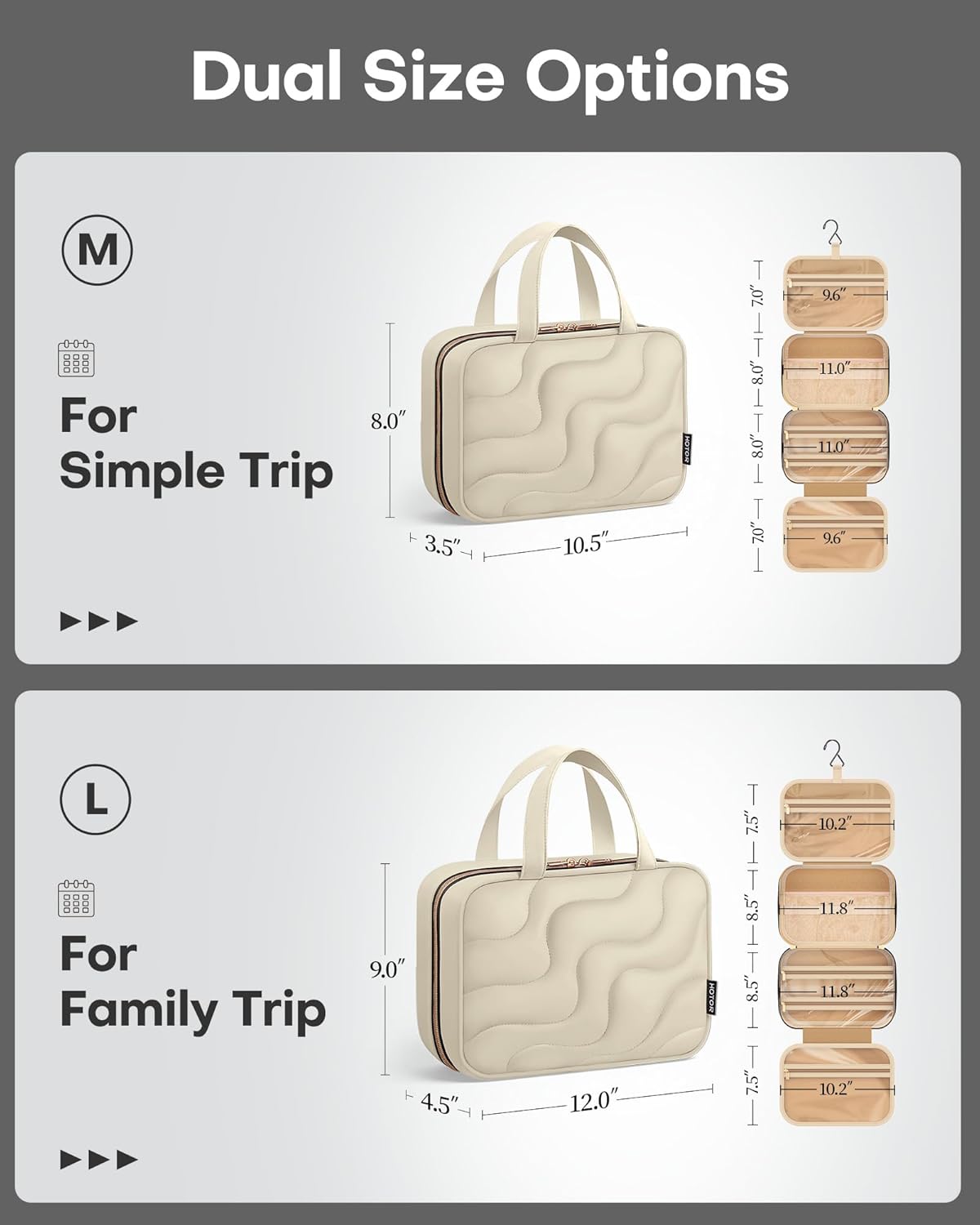 HOTOR Hanging Toiletry Bag - Spacious Travel Toiletry Bag for Women & Men, Multi-Pocket Makeup Organizer, Travel & Cruise Essentials for Business Trip, Gym, Beige, 12.6" x 9.9" x 4.3"