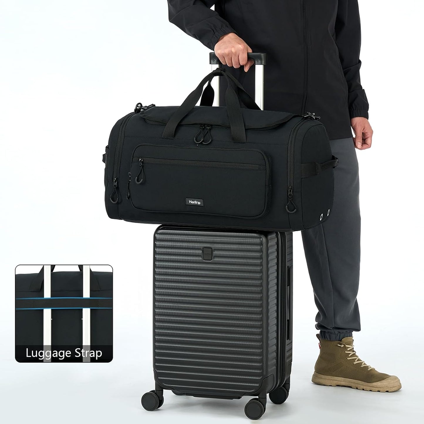 Large Travel Duffle Gym Bag with Shoe Compartment, Underseat Carry On Luggage Overnight Weekender Personal Item Workout Bags for Women Men (Black)