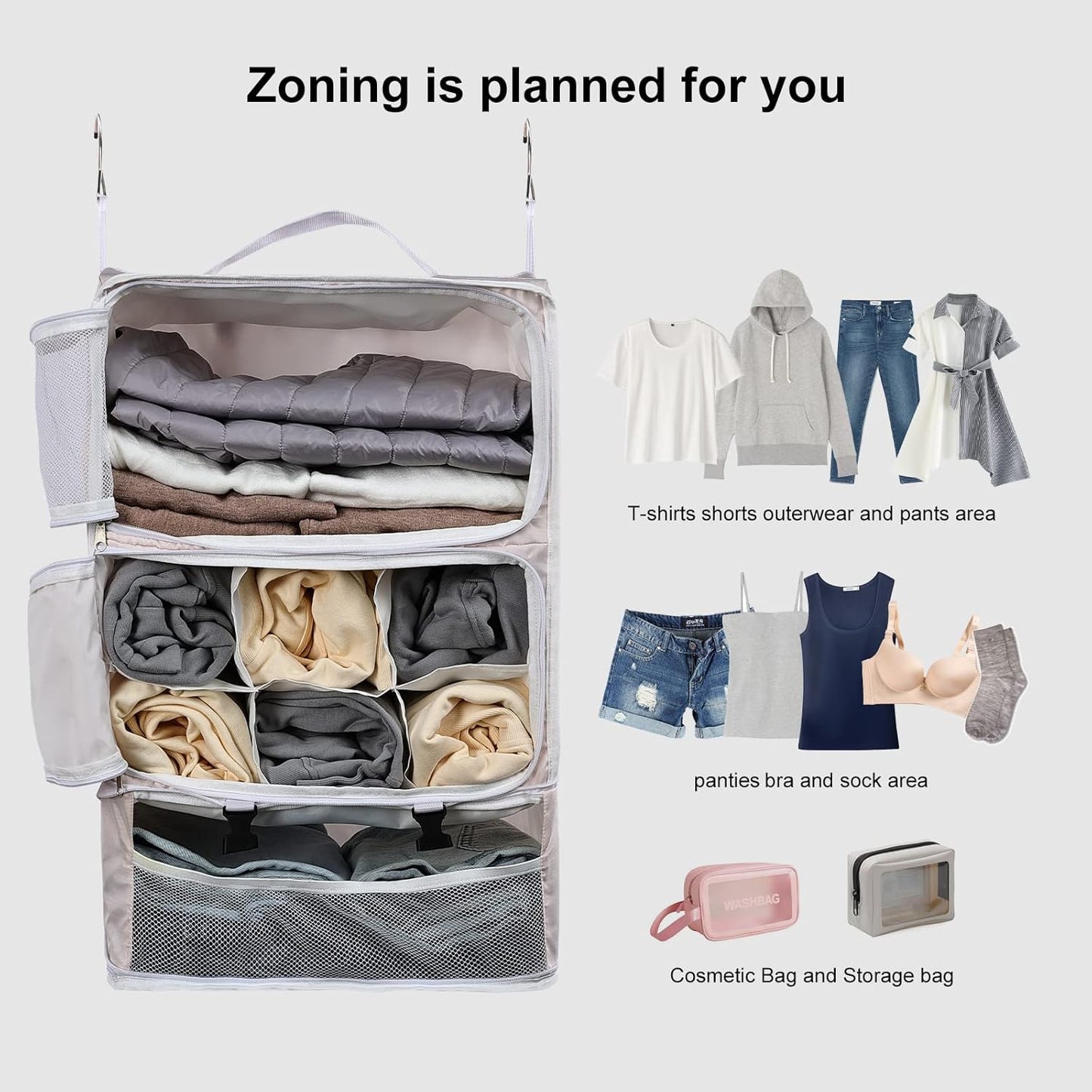 TABITORA Travel Portable Hanging Shelves Closet Organizer Packing Luggage Storage with Multifunctional and Foldable Invisible Compartment,Lightweight, for Suitcase, RV,Closet…Pink,XXL