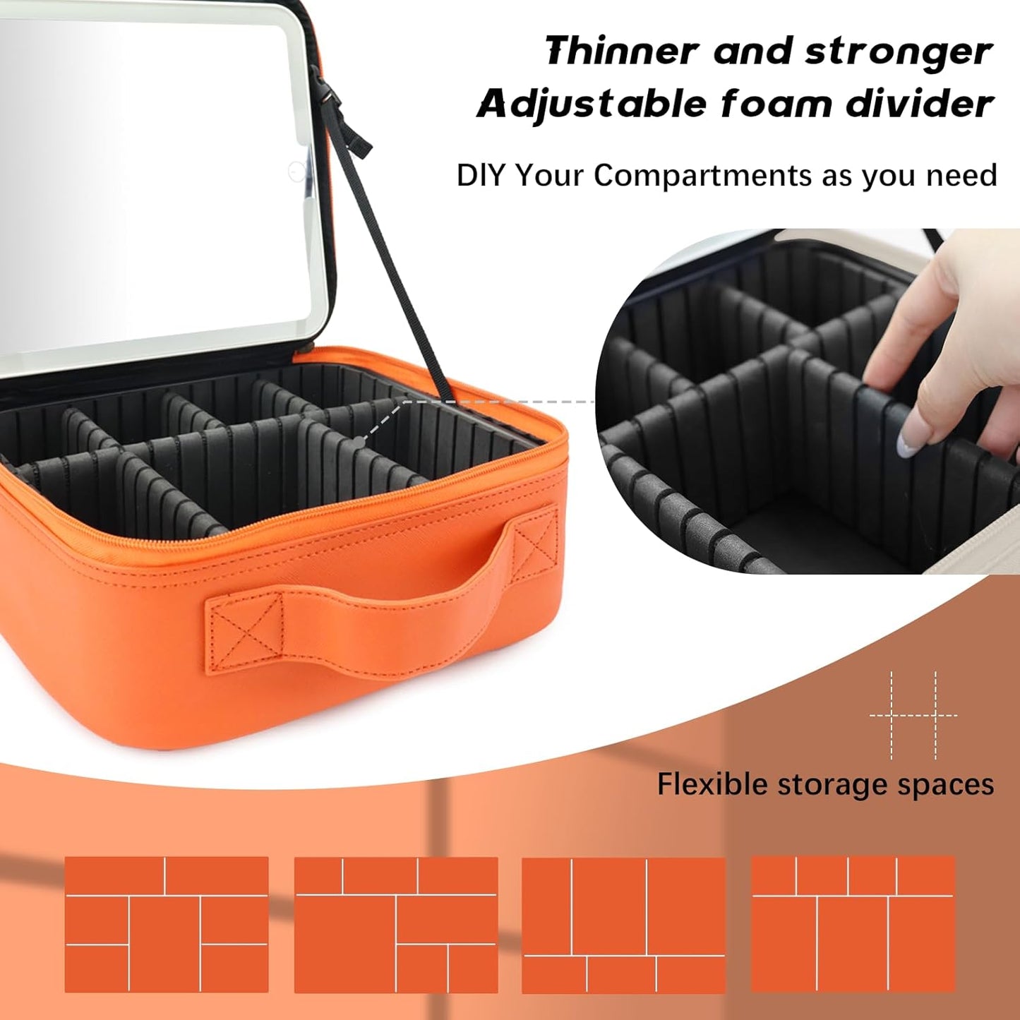 Makeup Bag with Led Mirror,Travel Makeup Organizer with 3 Color Setting, Portable Storage and Adjustable Dividers Travel Makeup Bag(Orange)