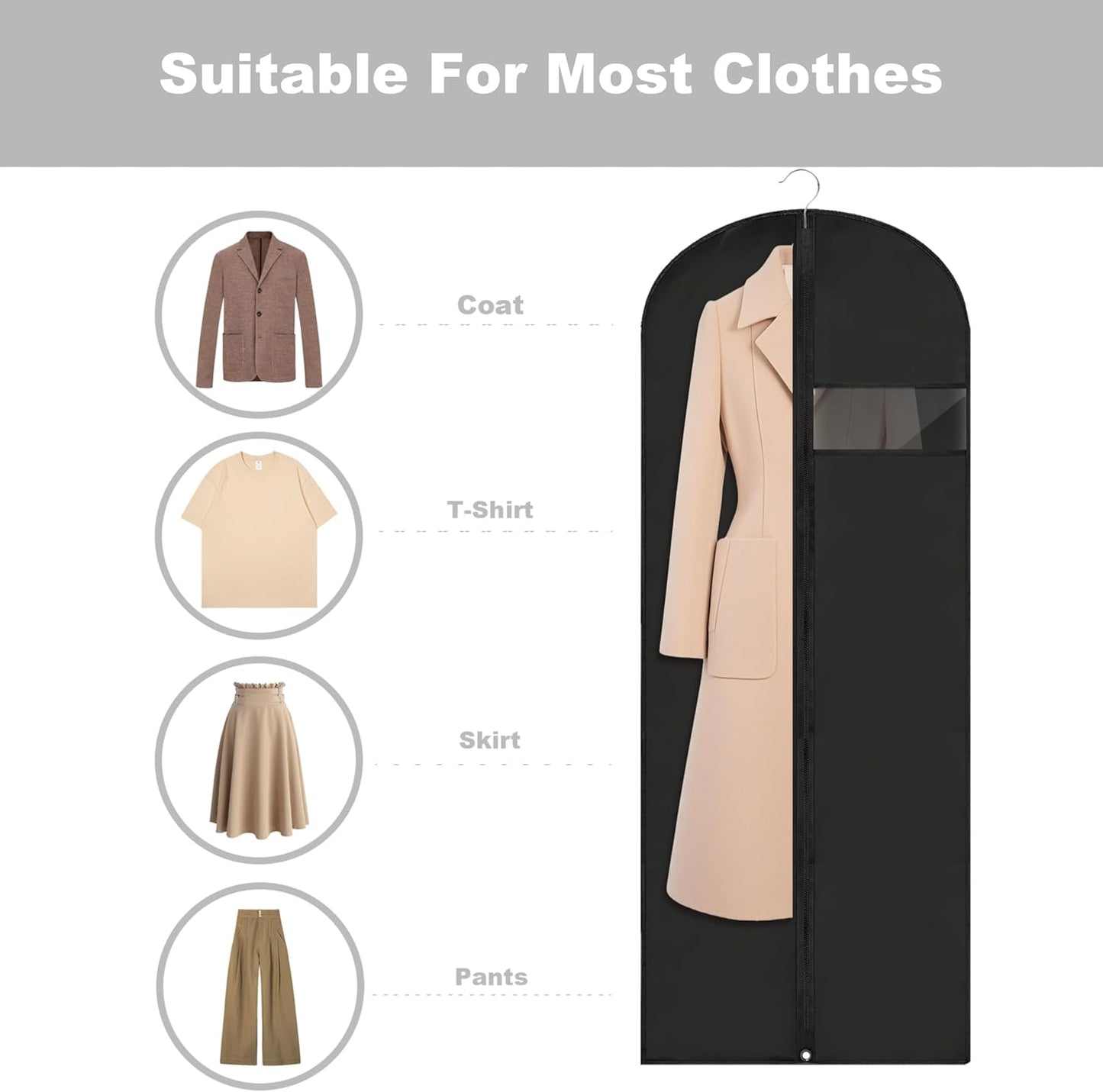 Dress Bags for Gowns Long, 60'' Garment Bags for Hanging Clothes, Suit Bag Cover for Storage and Travel (Black)