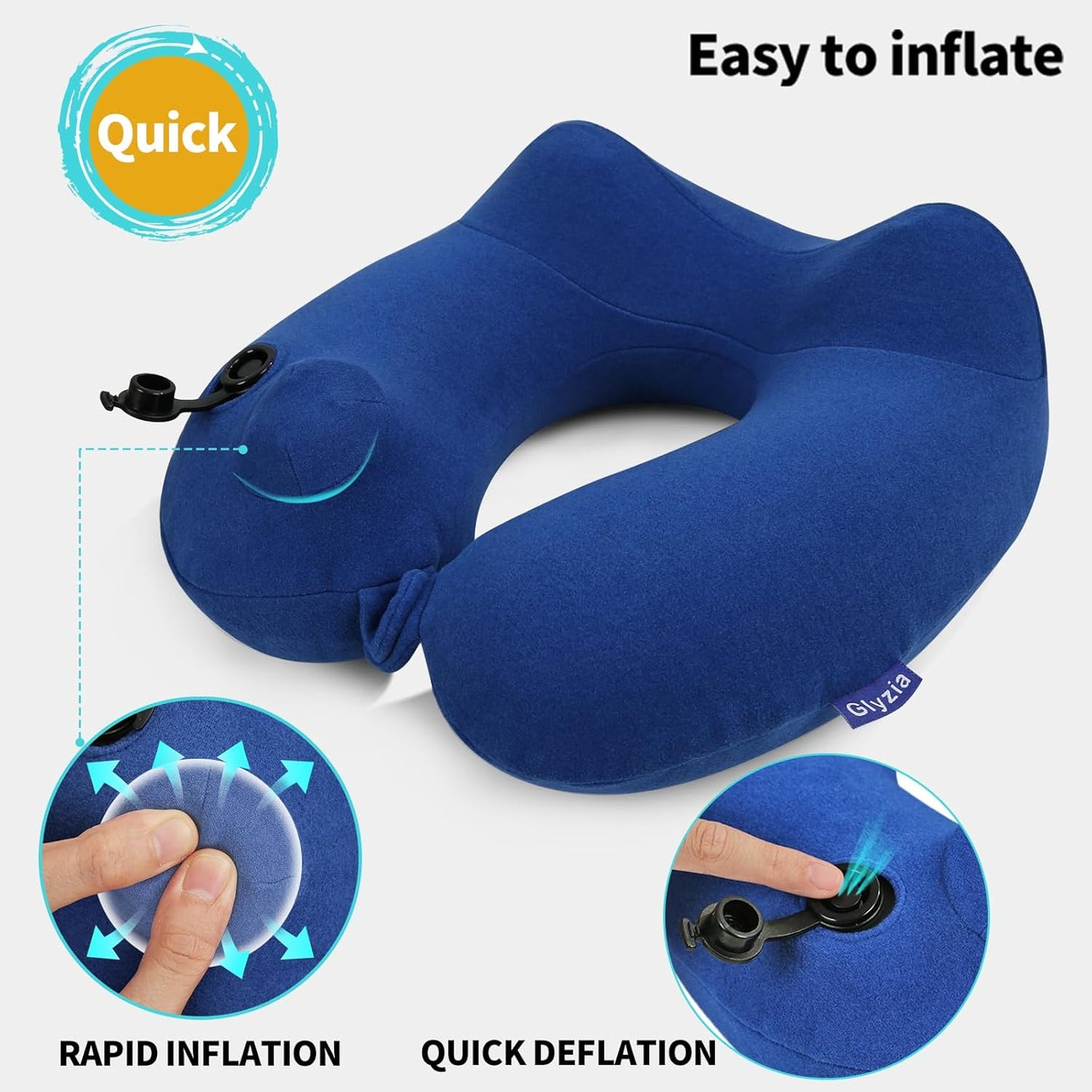 Inflatable Travel Neck Pillow for Airplane, Head Support Velvet Adult Neck Pillow for Long Flight, Kit with Eye Mask, Earplugs and Storage Bag,1, Navy Blue
