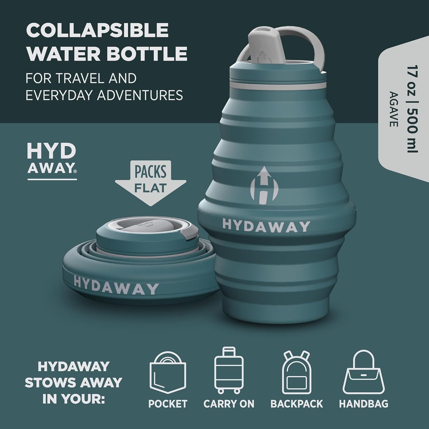 HYDAWAY 17oz Collapsible Water Bottle - BPA-Free, Leakproof, Lightweight, and Space-Saving - Perfect for Travel, Hiking, and Everyday Hydration