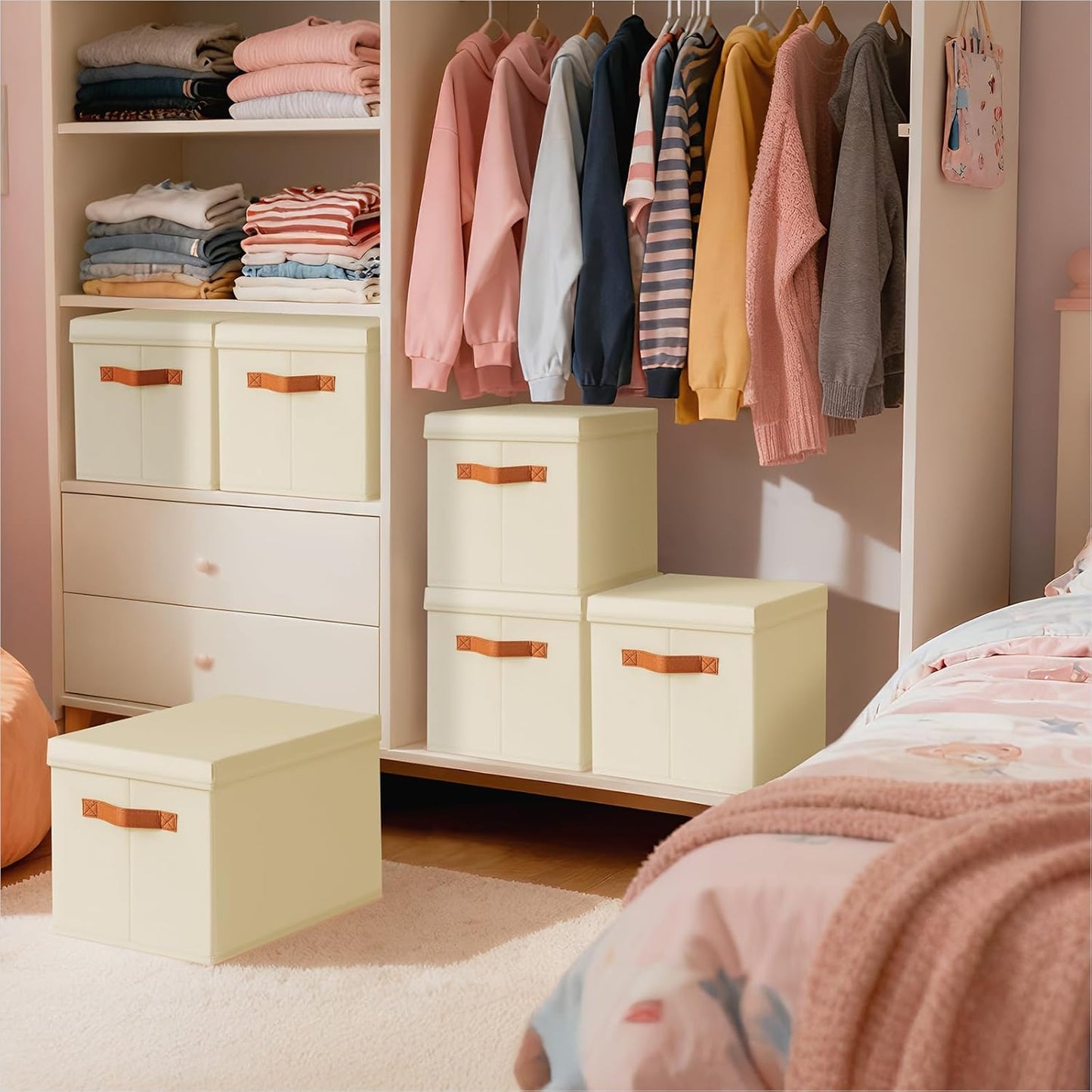 Storage Bins with Lids - Fabric Storage Baskets for Shelves, 4 Pack Foldable Decorative Boxes with Handles, Stackable Organizer Bins for Home, Nursery, Dorm, Beige