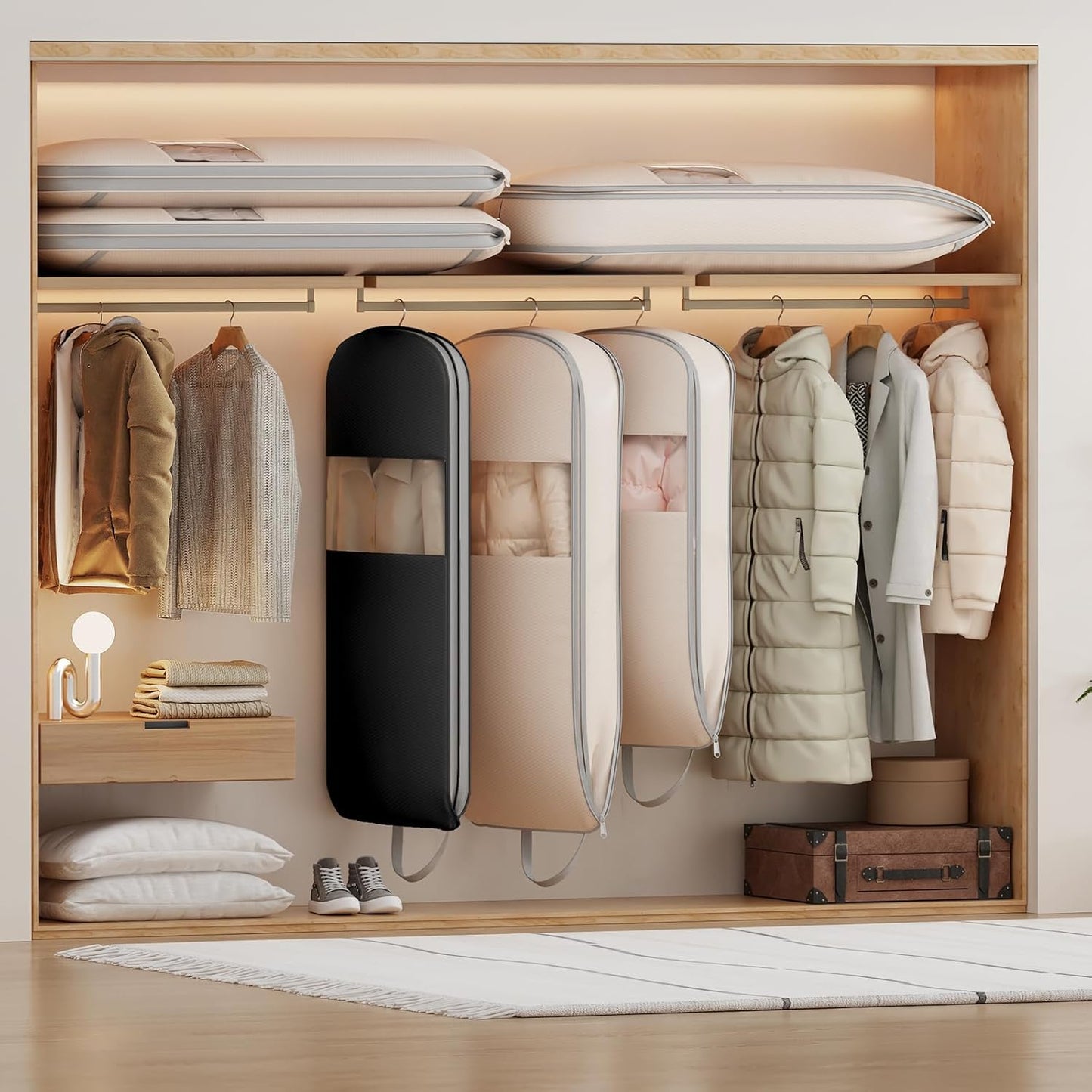 DIMJ 4 Pack 43" Space Saving Garment Bags for Hanging Clothes With Compression Zipper Carry Handles and Window, Washable Suit Bag for Dress, Clothes, Coats, Down Jacket, Closet, Moving, Travel