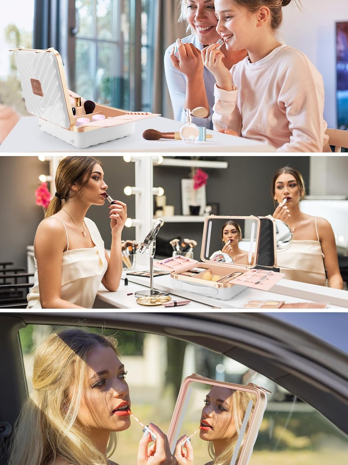 Kalolary Travel Makeup Train Cases with Lighted Mirror 3 Color Setting, Makeup Bag Cosmetic Case Organizer Adjustable Brightness Portable Makeup Storage Box For Makeup Brushes Accessories Tools,White