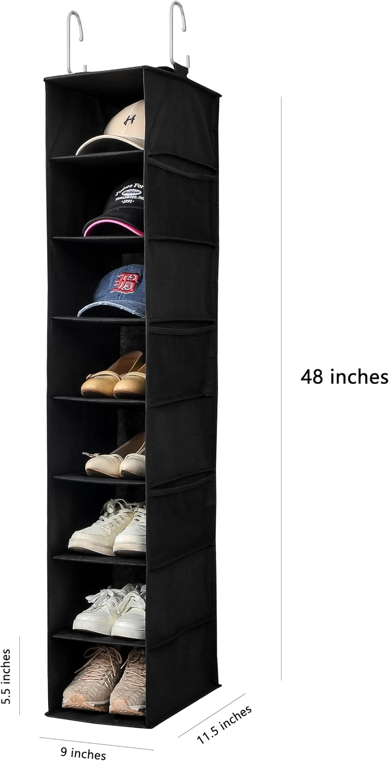 Hanging Shoe Organizer for Closet with Side Mesh Pockets，Hat Racks for Baseball Caps，Shoe and Hat Holder & Storage，8-Shelf，Black，2 Pack