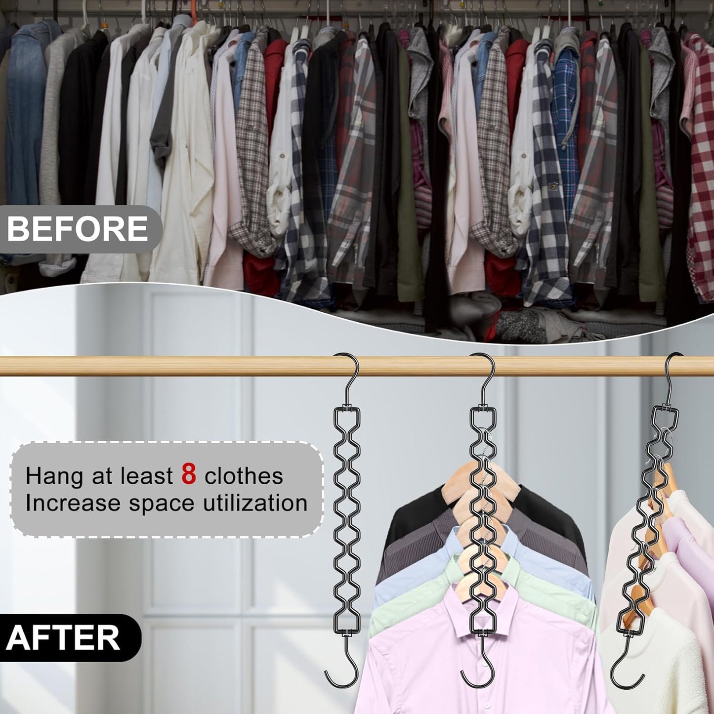 6 Pack Space Saving Hangers for Clothes, Heavy Duty 30Lbs Capacity Magic Clothes Space Saver Sturdy Metal Hanger Organizer with 360° Swivel Hook, Closet Organizers Storage Dorm Essentials Black