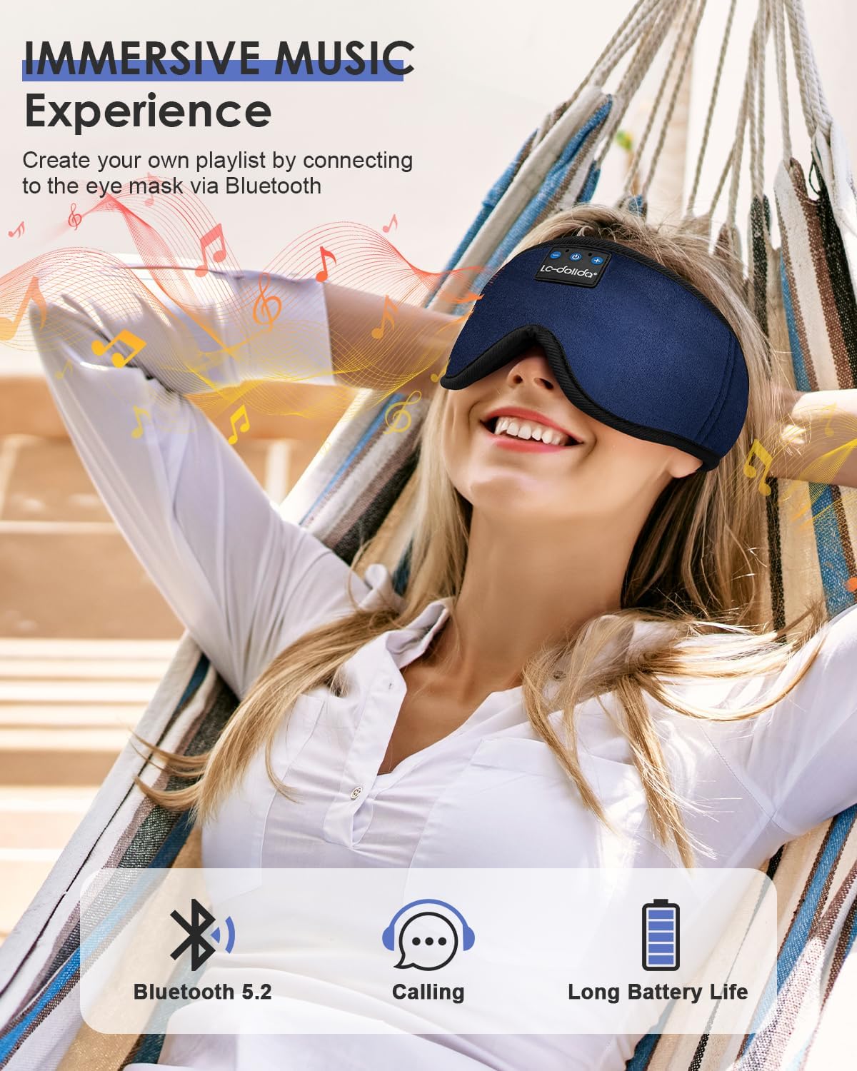 LC-dolida Sleep Headphones, Sleep Mask Bluetooth Wireless Music Eye Mask, Sleeping Headphones for Side Sleepers Sleep Mask with Bluetooth Headphones Ultra-Thin Stereo Speakers Perfect for Sleeping